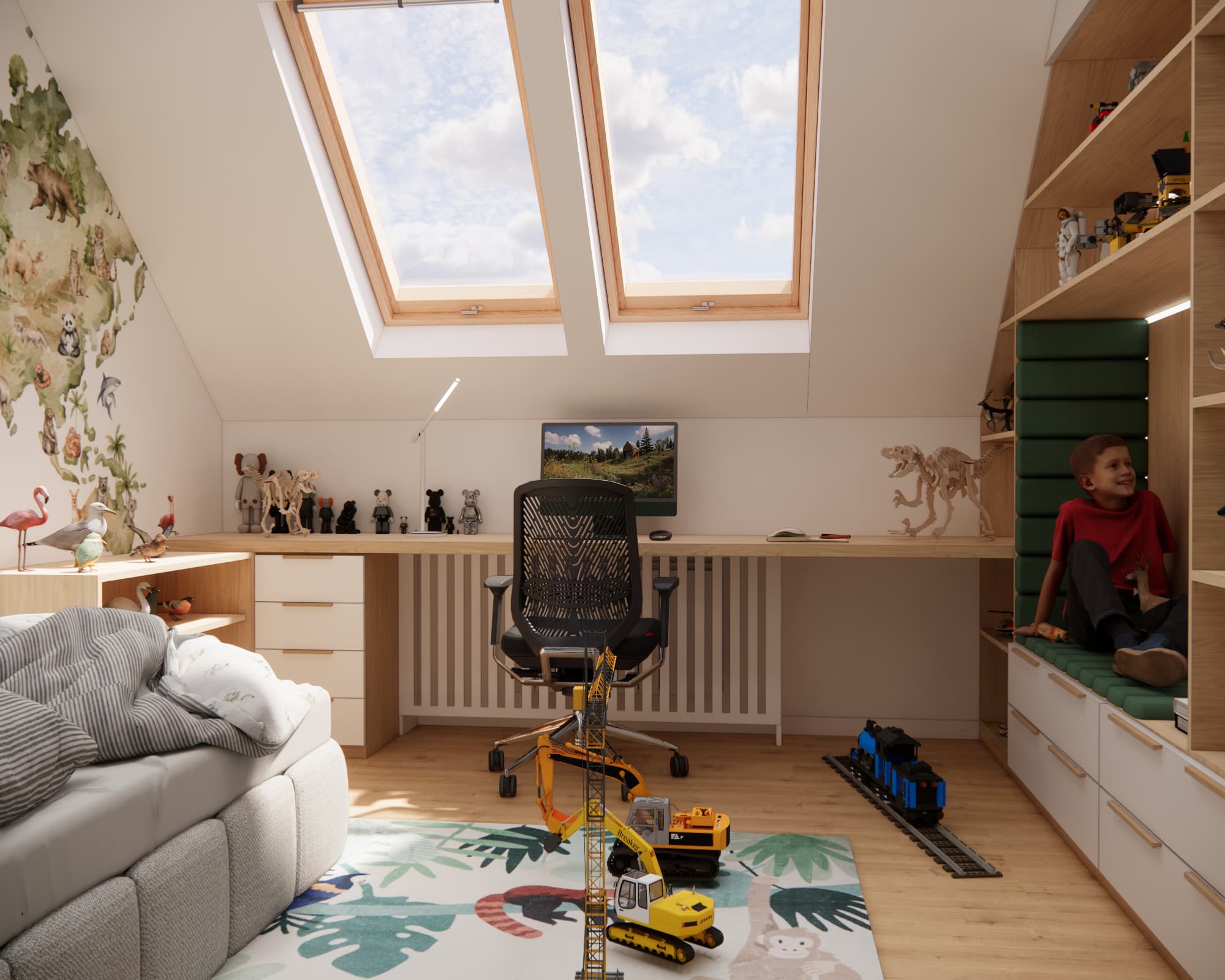 Room design for an 8-year-old boy with desk, play area and LEGO collection
