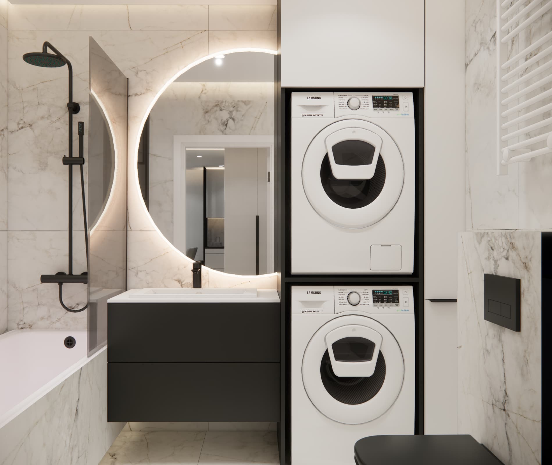 Bathroom with bathtub and built-in washing machine and dryer