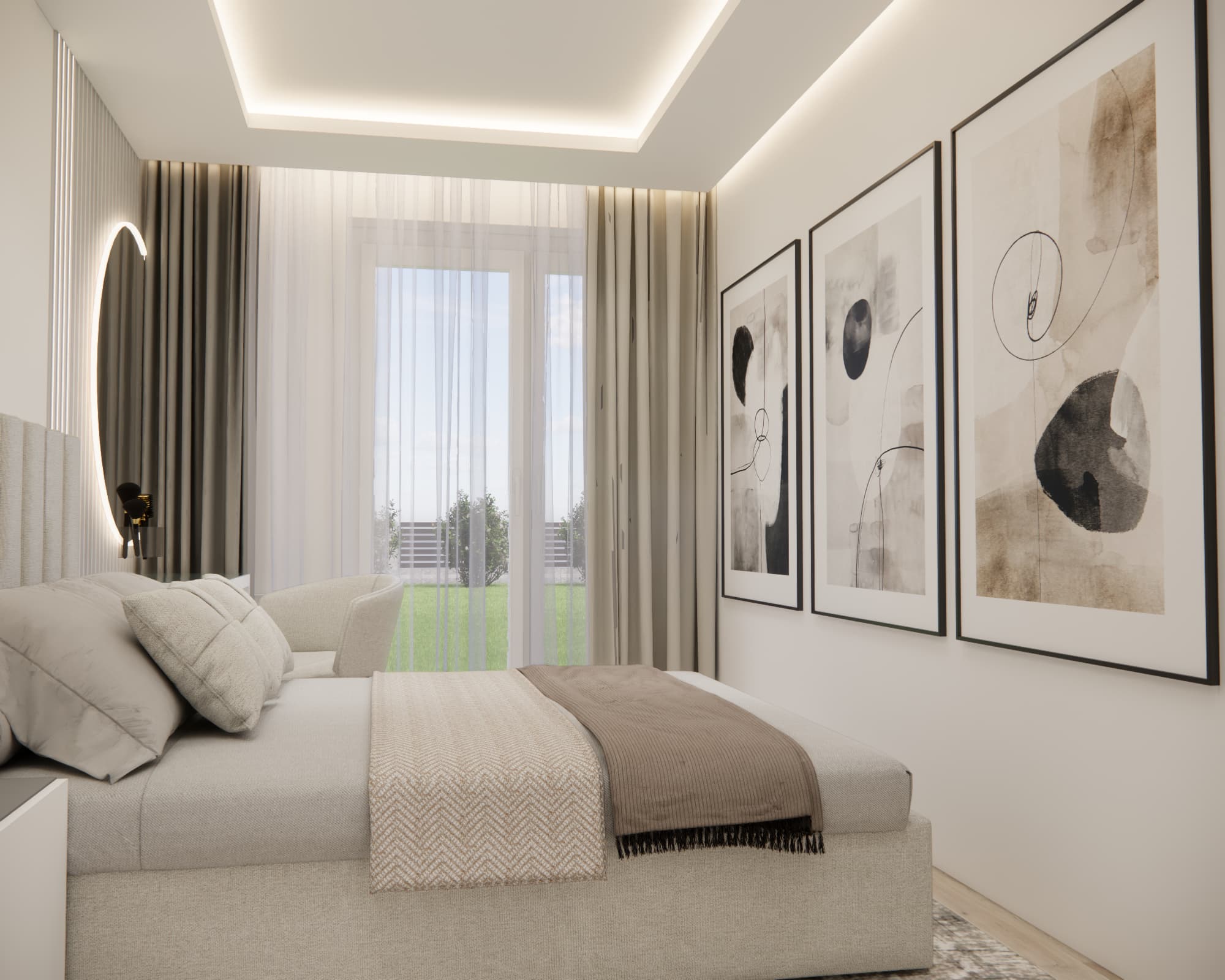 Beige bedroom with an upholstered bed and wall art