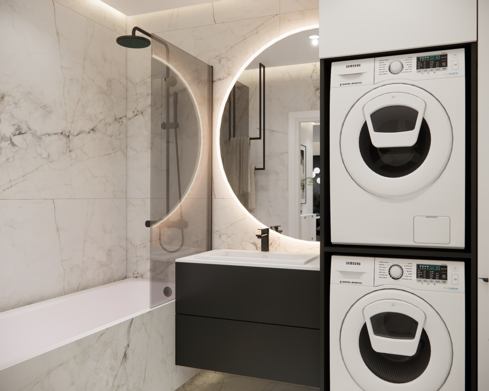 Bright bathroom with marble-effect surfaces and black fittings