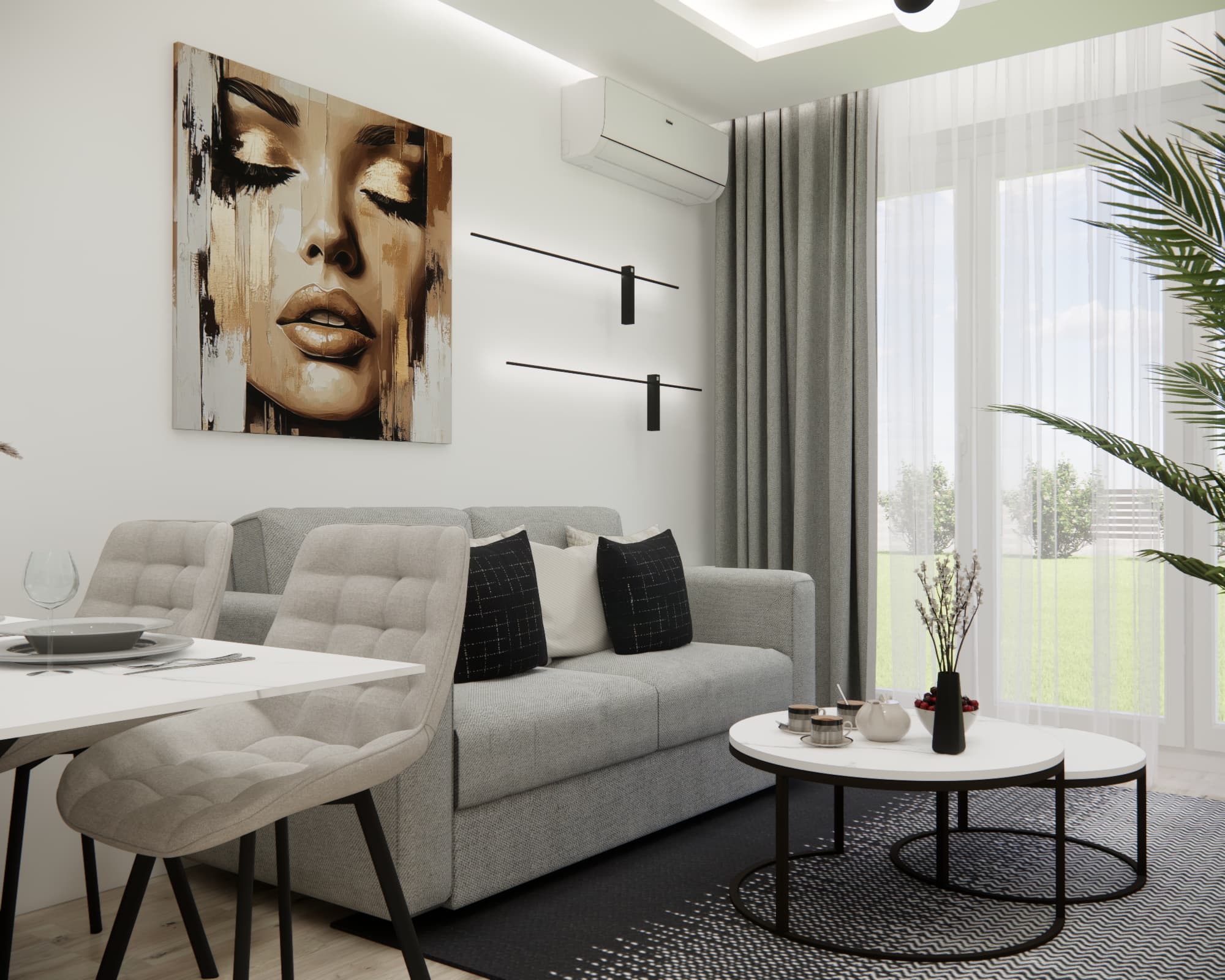 Bright living room with a grey sofa and large glazed doors