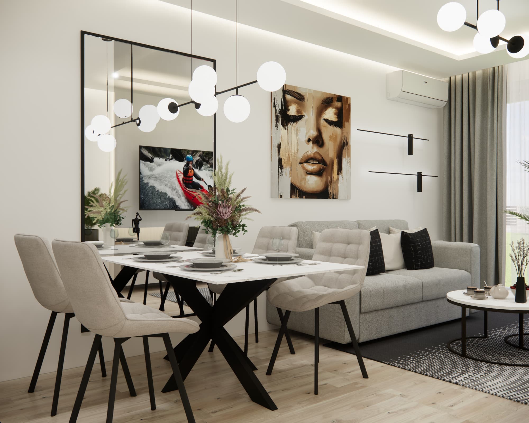 Dining area with a large table and mirror in a 58 sqm apartment