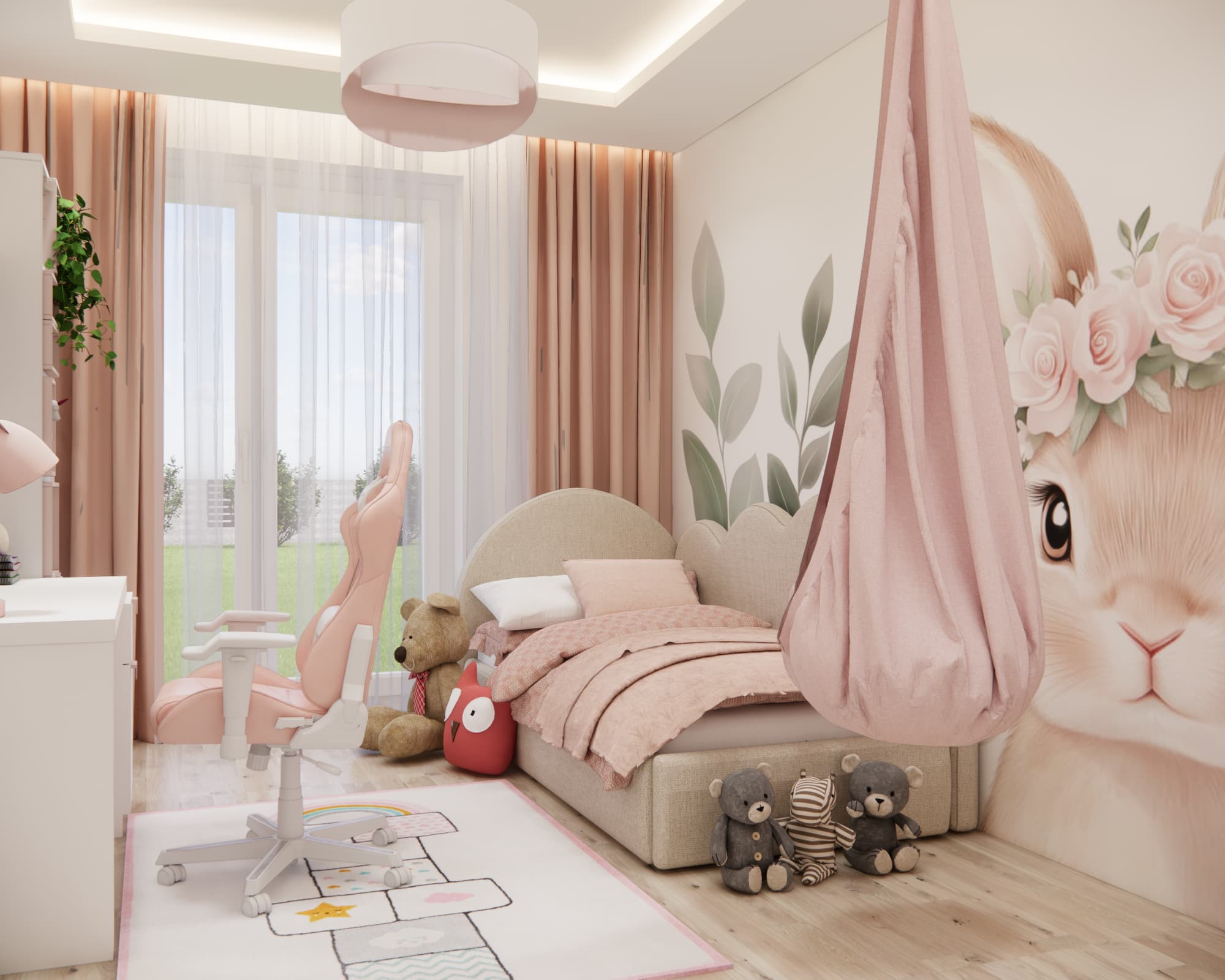 Girl's bedroom with a bed and rabbit wall mural