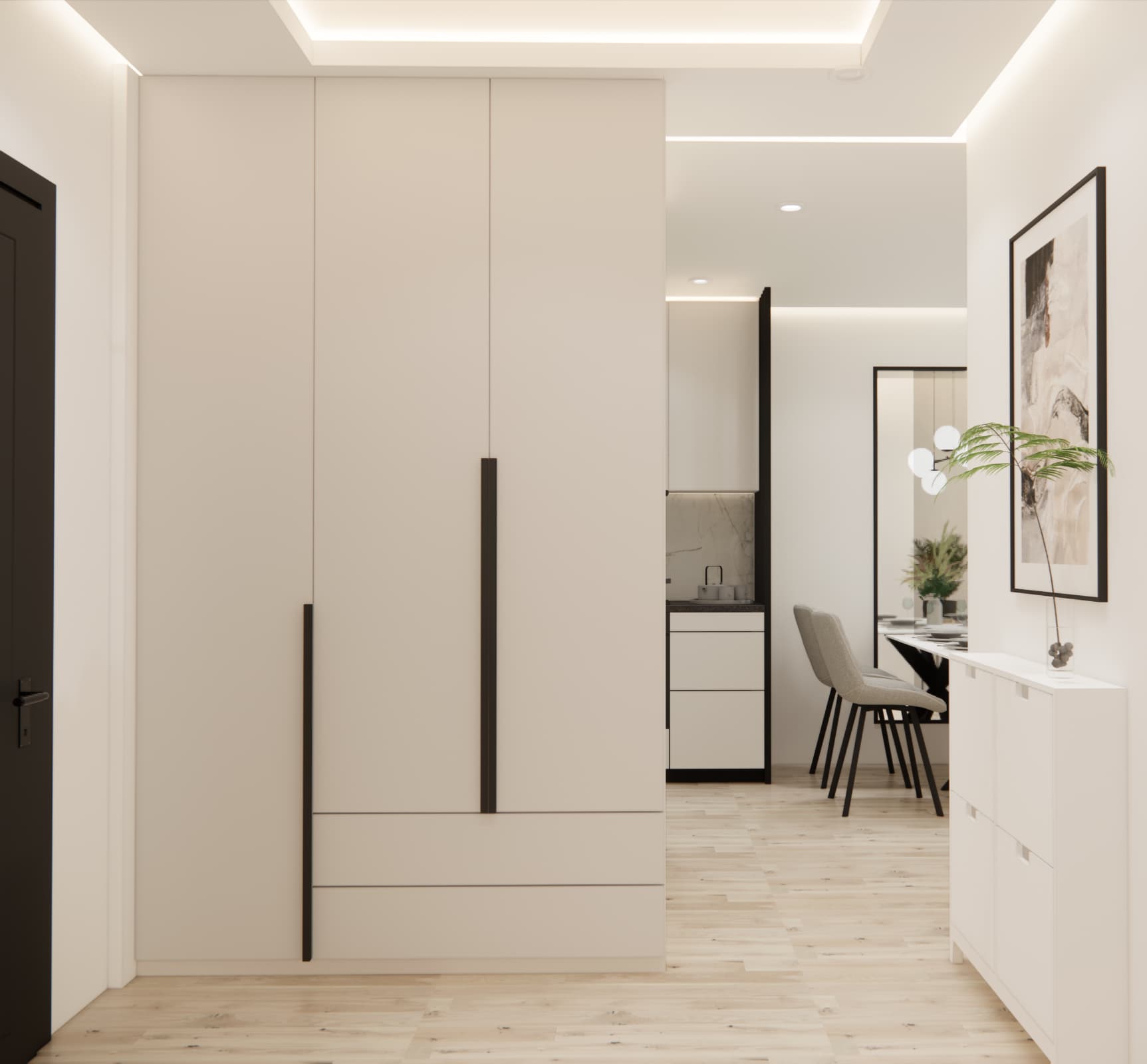 Hallway with a tall built-in wardrobe in a 58 sqm apartment