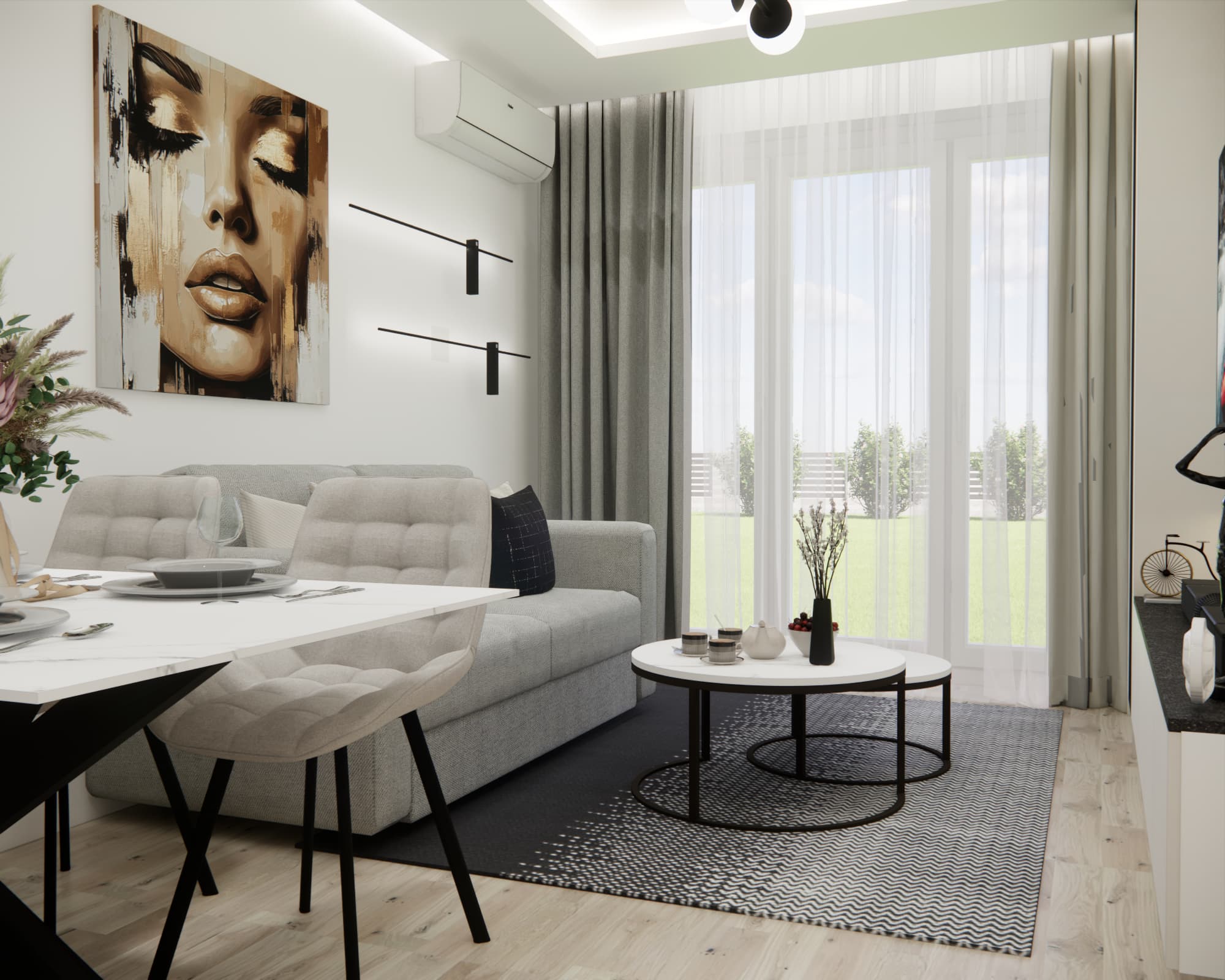 Living room and dining area design in a 58 sqm apartment in Warsaw
