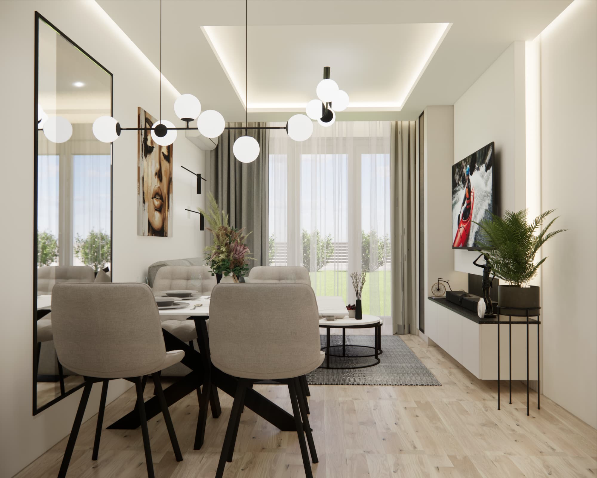 Living room with open-plan kitchen and dining area in a 58 sqm apartment