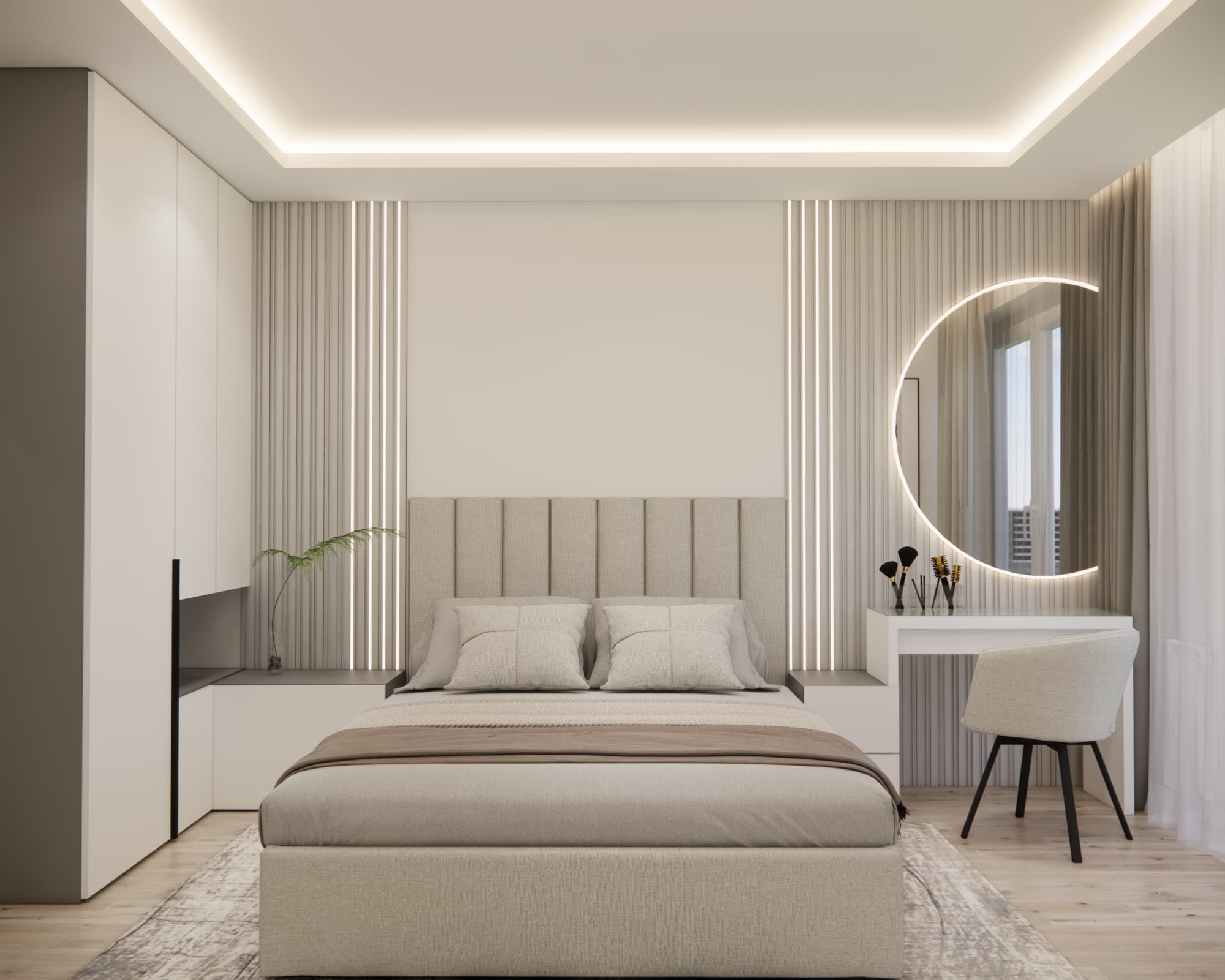 Modern bedroom with a dressing table and illuminated mirror
