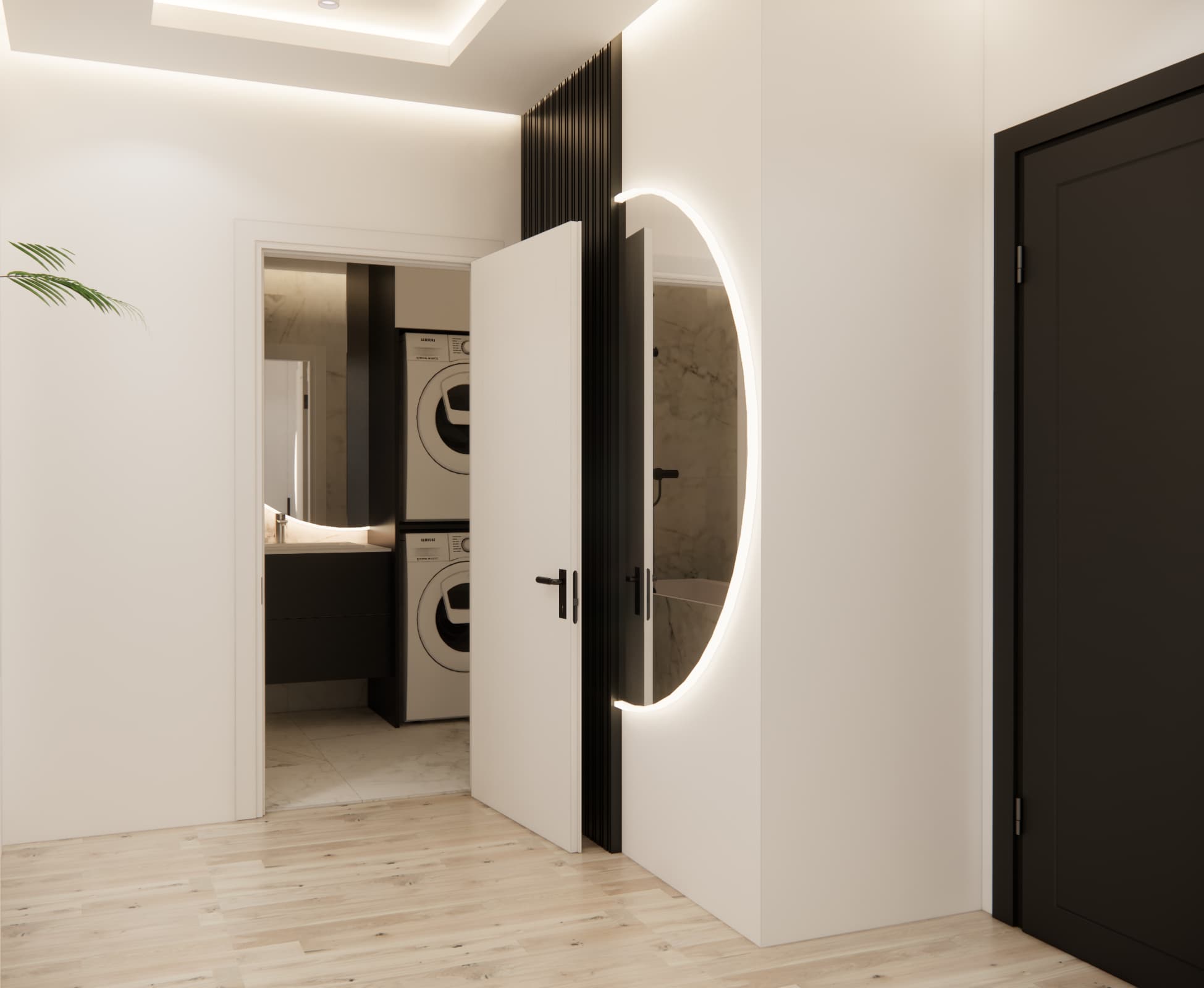 Modern hallway with a large illuminated mirror