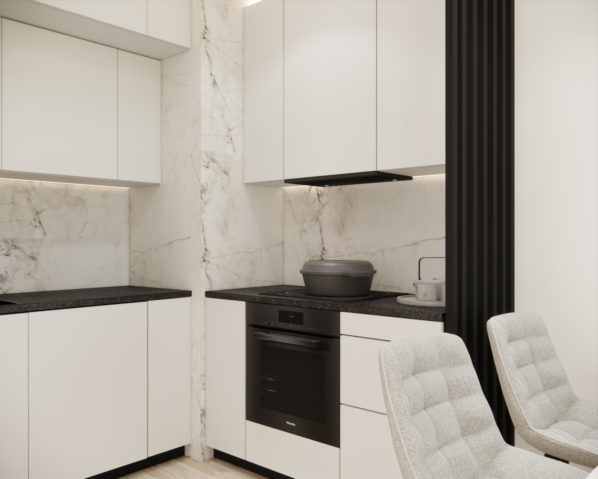 Modern kitchen with light cabinet fronts and black appliances