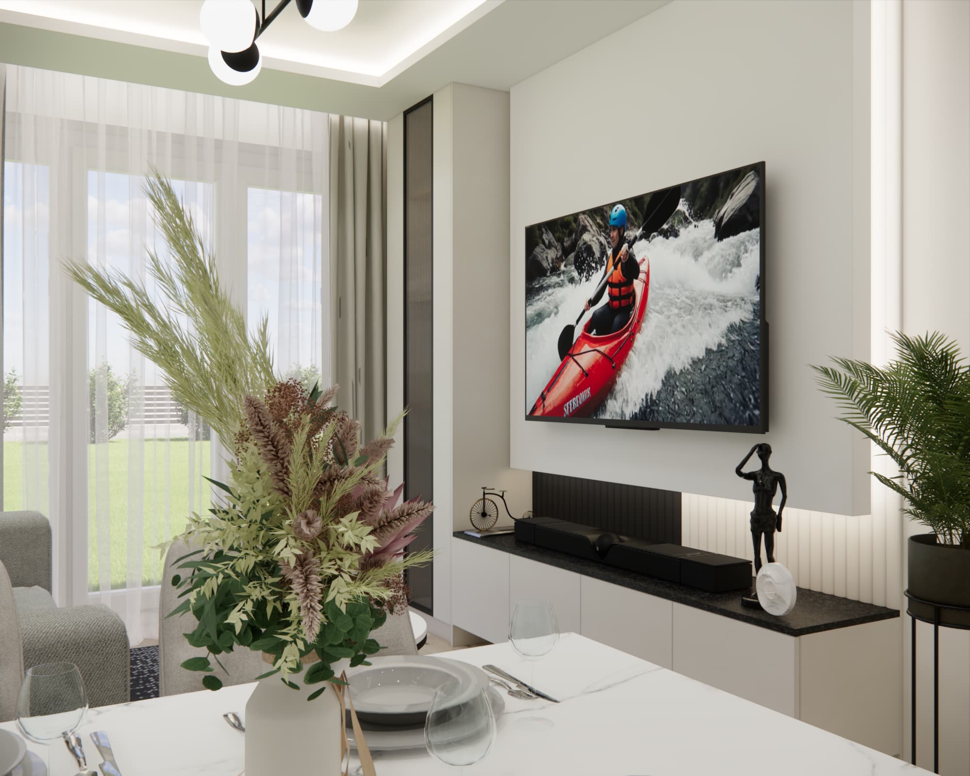 Modern TV wall in a living room – apartment design in Warsaw