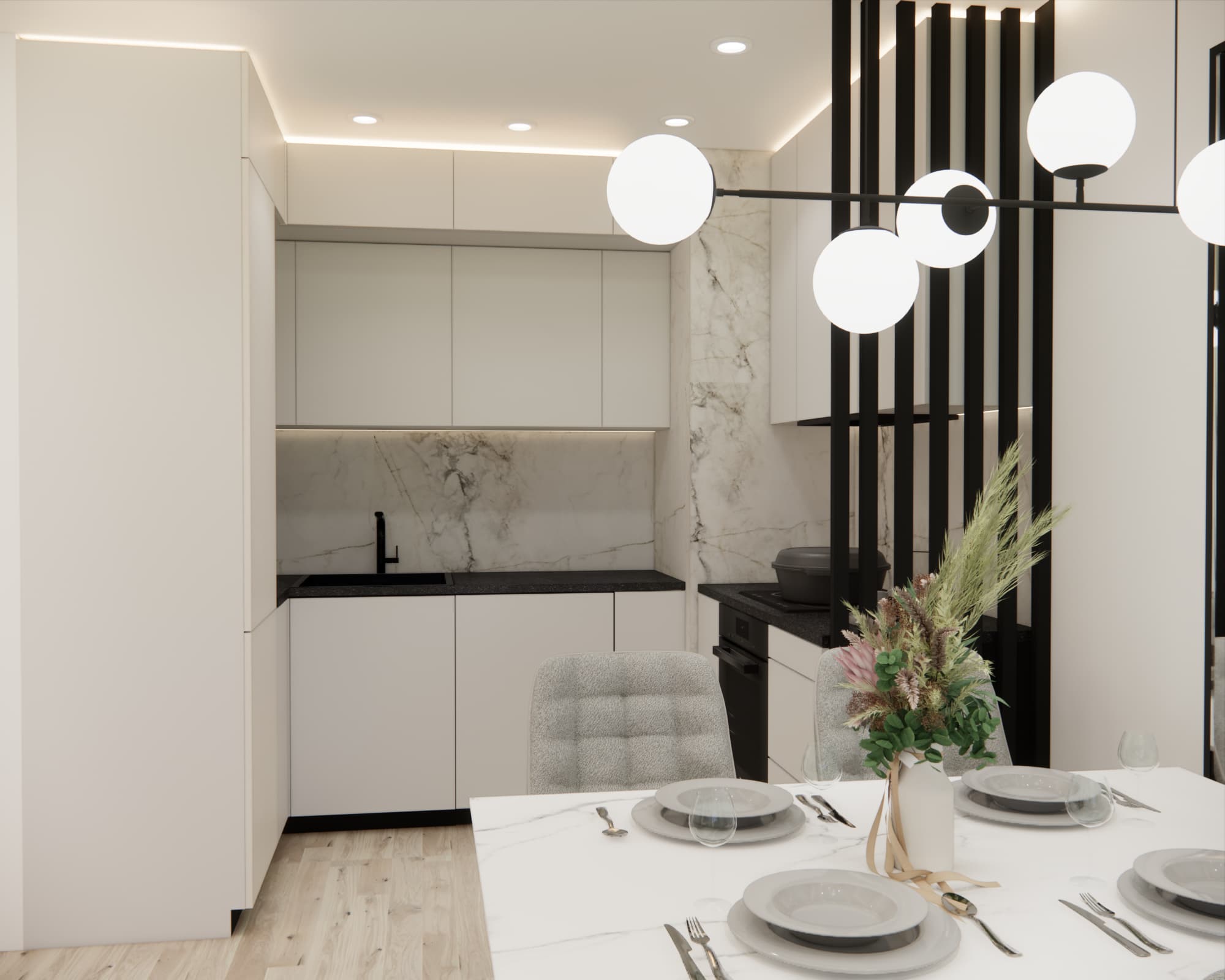Open-plan kitchen separated by a black openwork partition