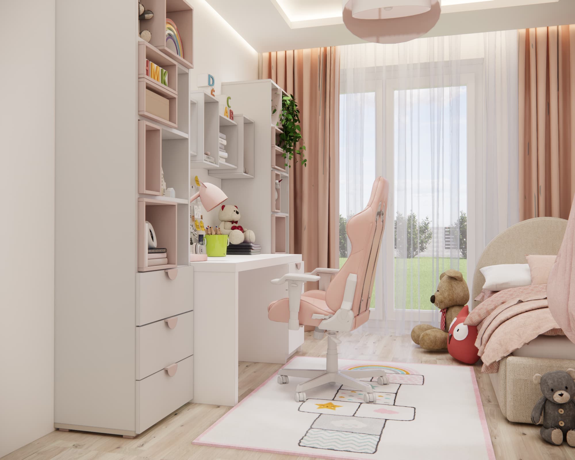 Pastel girl's bedroom with a desk and shelving