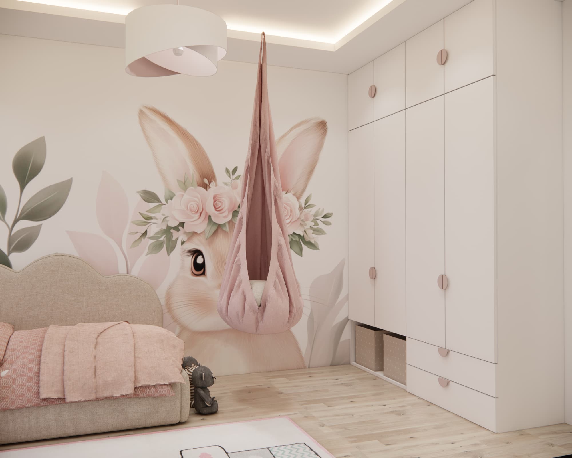 Wardrobe and hanging chair in a pastel girl's bedroom