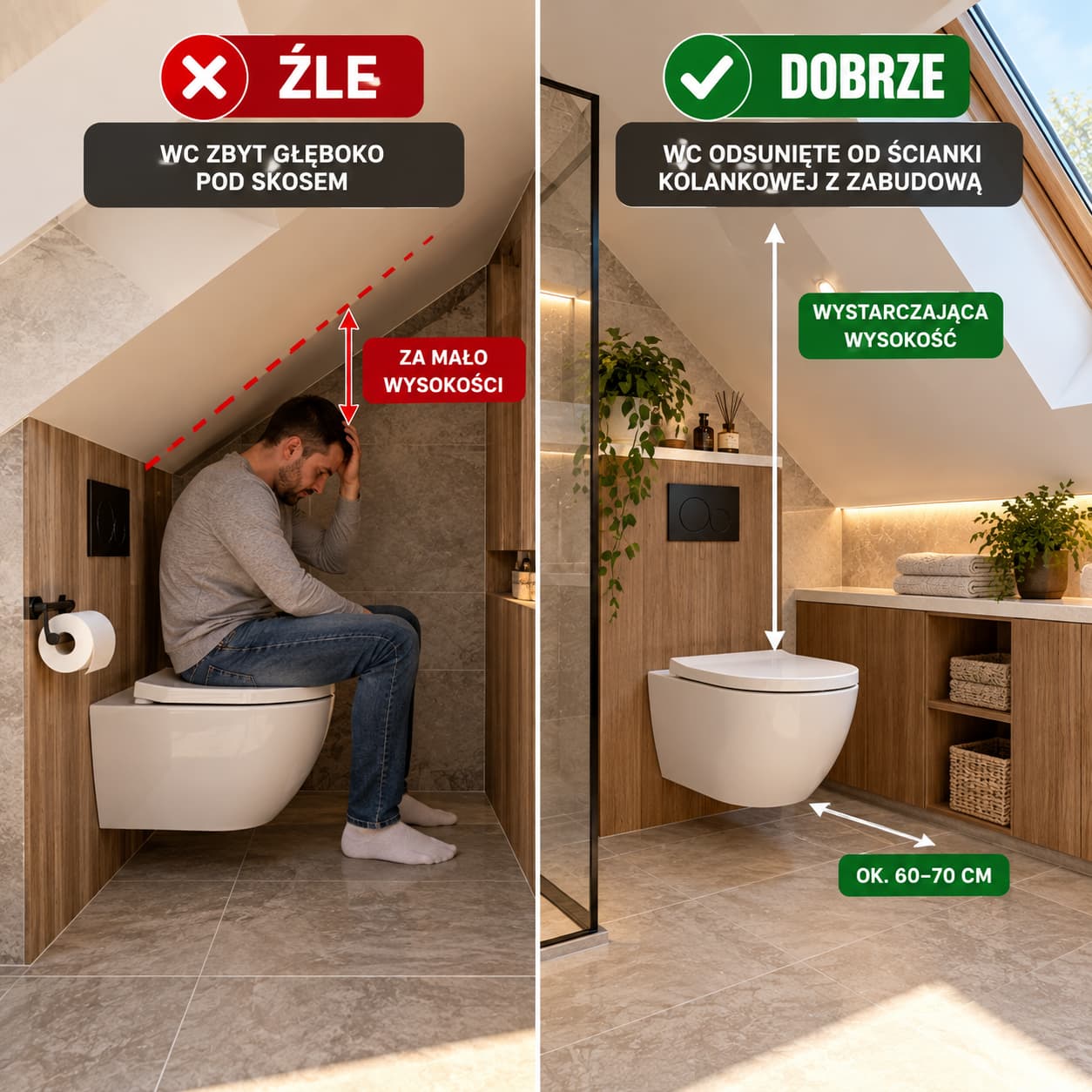 Prawidłowe ustawienie WC pod skosem w łazience na poddaszu