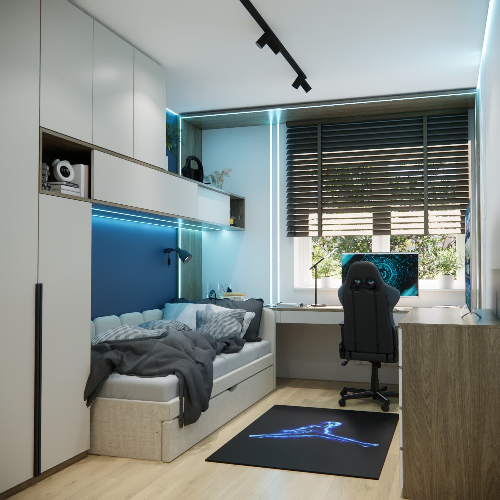 Light-coloured cabinets above the bed, a blue wall and a basketball-themed rug in Kacper’s room