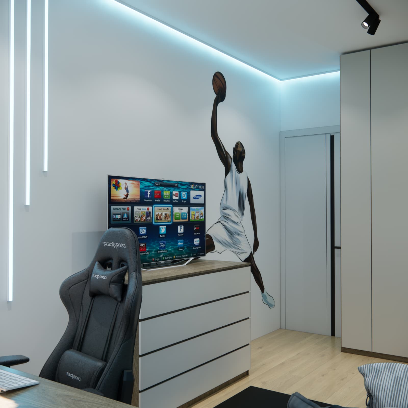 Chest of drawers with a TV and a large basketball player graphic on the wall of a 15-year-old’s room