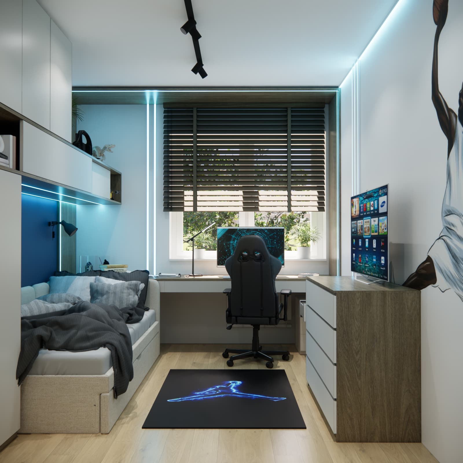 Room for 15-year-old Kacper from Ząbki with a bed, a desk beneath the window and a chest of drawers with a TV