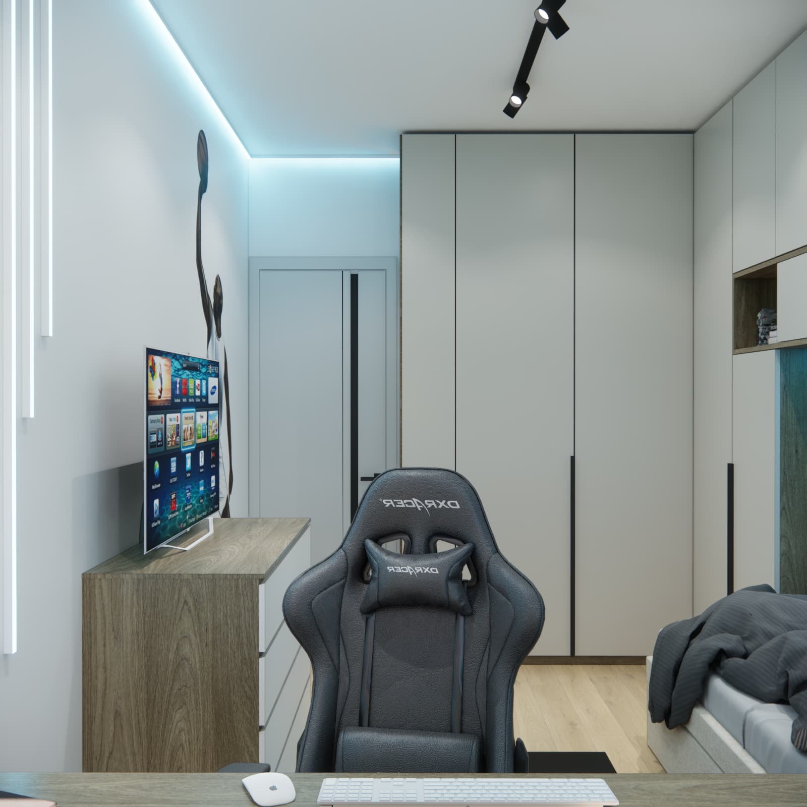 View from the desk towards the chair, chest of drawers with a TV, tall wardrobe and linear lighting near the ceiling