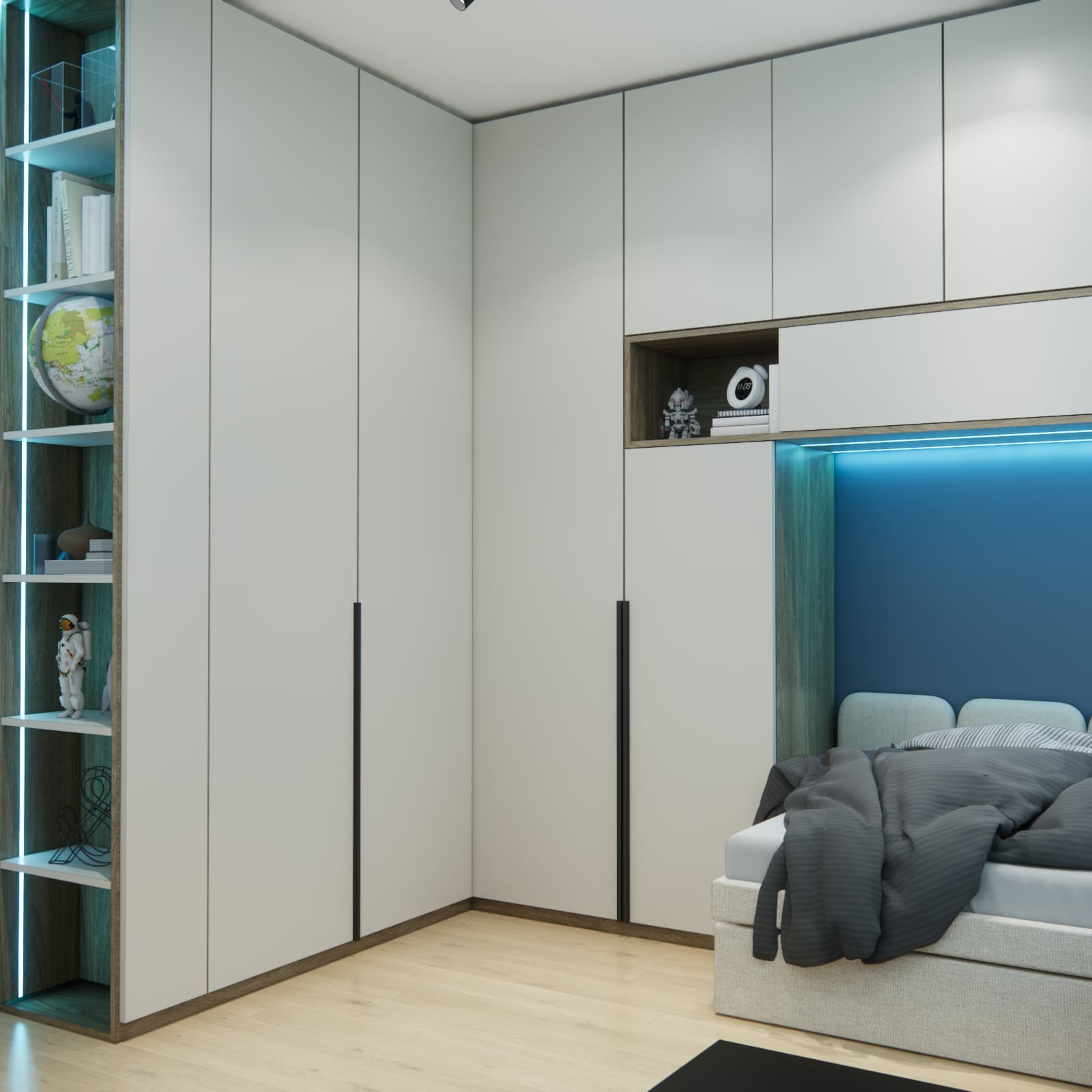 Tall light-coloured wardrobes with black handles connected to cabinets above the bed in a 12 m² room