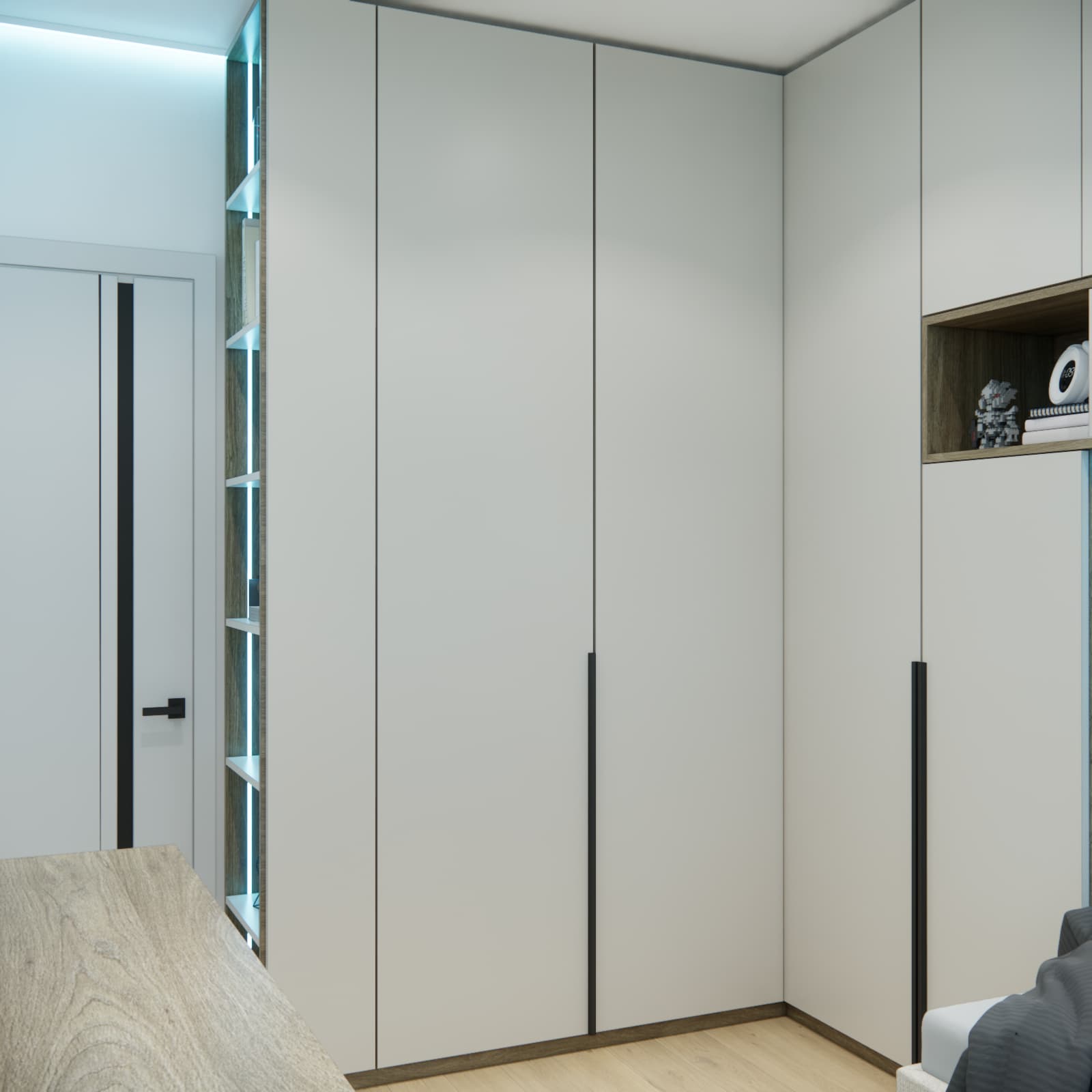 Ceiling-height fitted wardrobes with light-coloured fronts and a narrow open shelving unit beside the room entrance