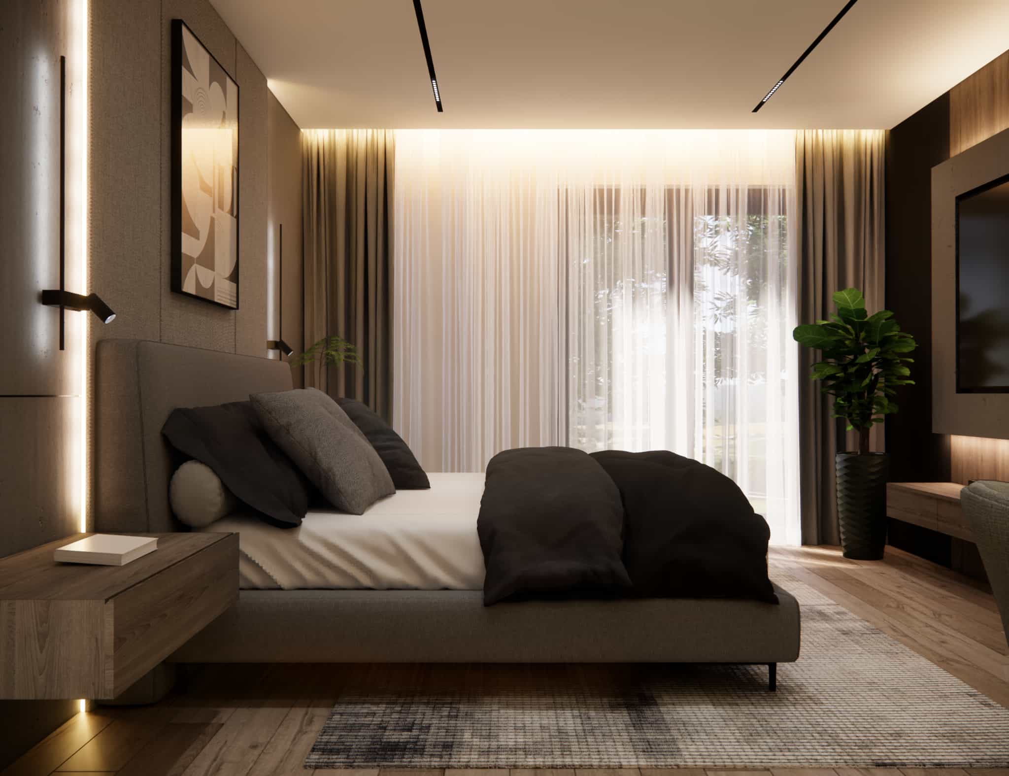 Wall behind the bed finished with architectural concrete and textile wallpaper with LED lighting in a modern bedroom