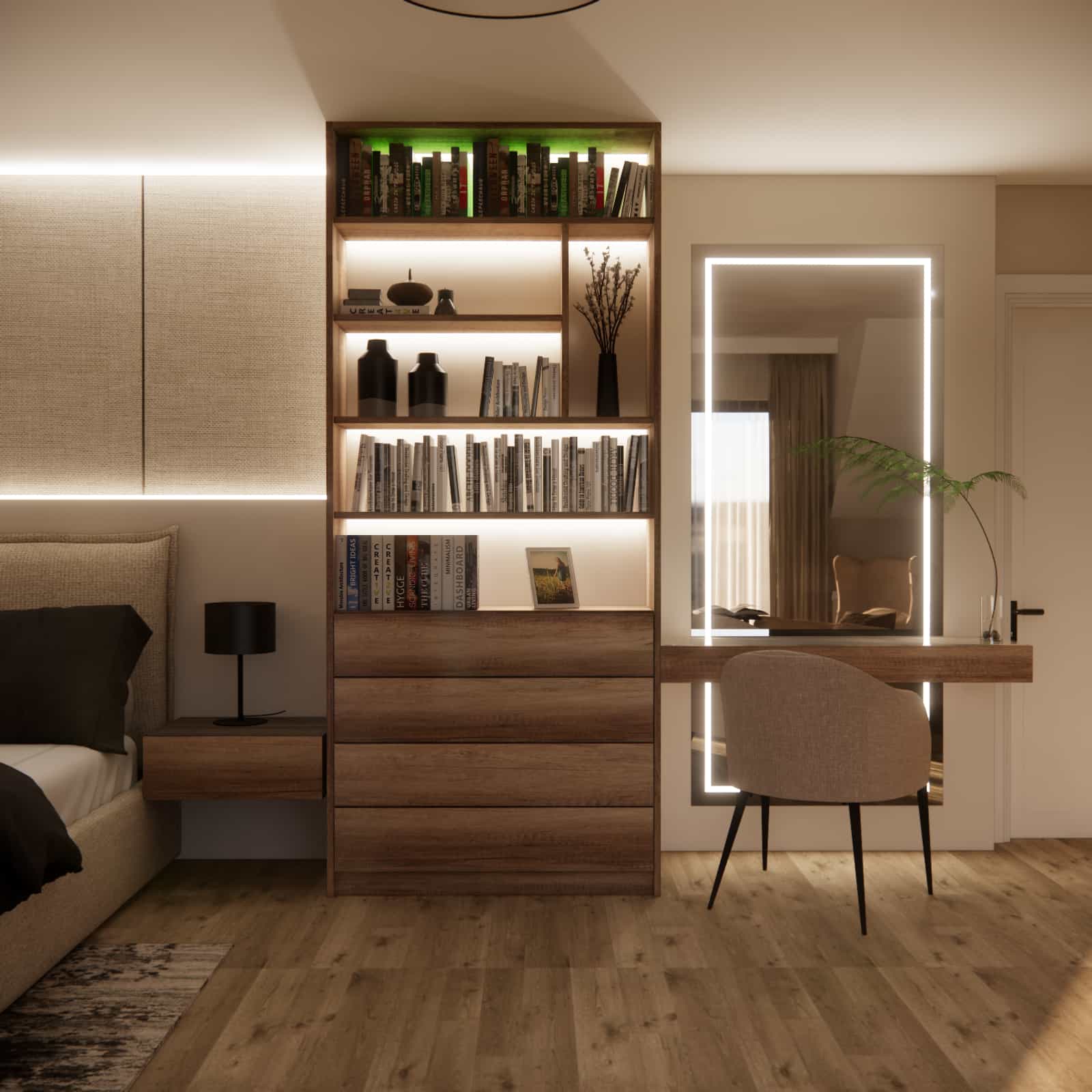 Built-in shelving with drawers and a vanity with an LED mirror in a 31m2 attic bedroom