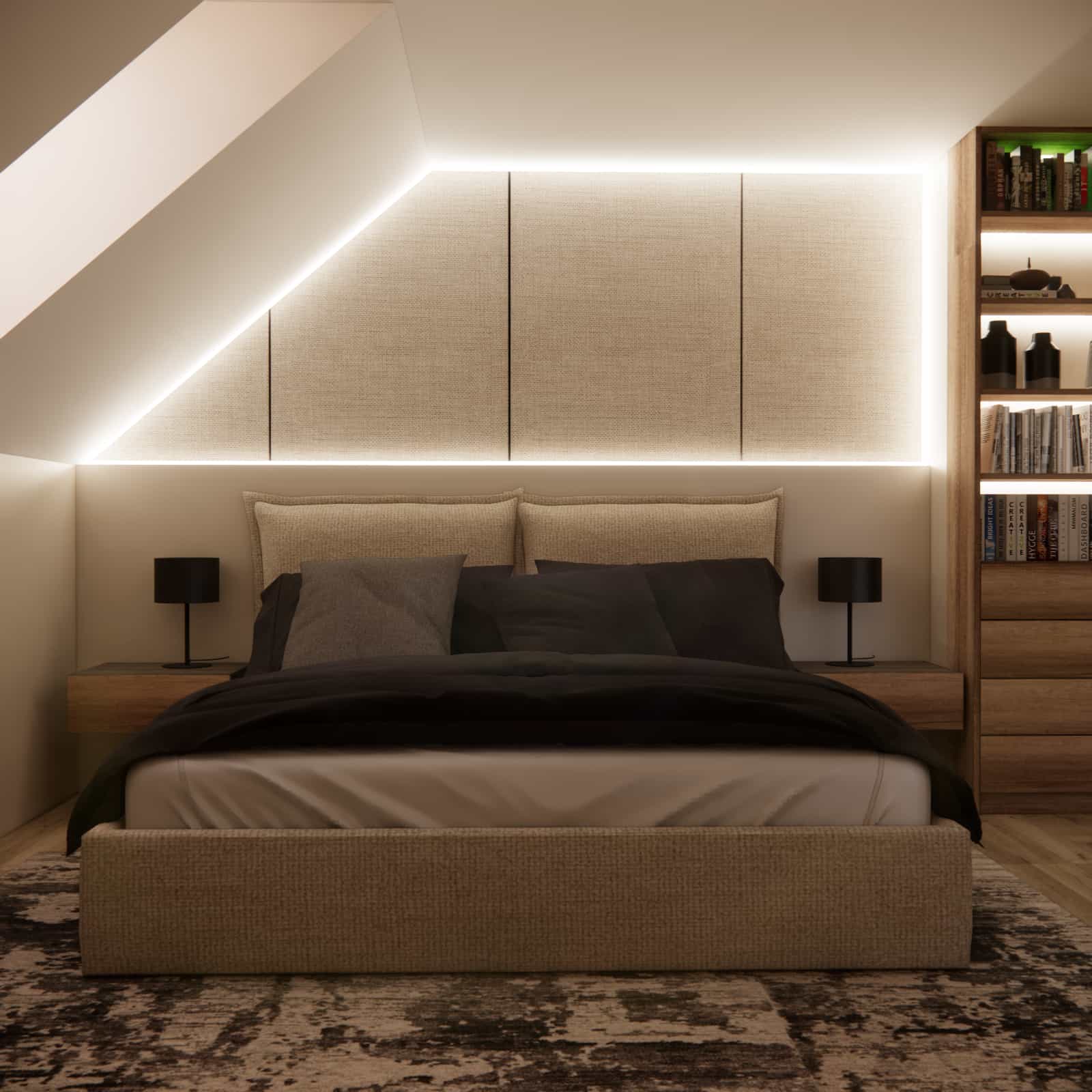 Elegant bed with a textile headboard and LED lighting under the attic slope