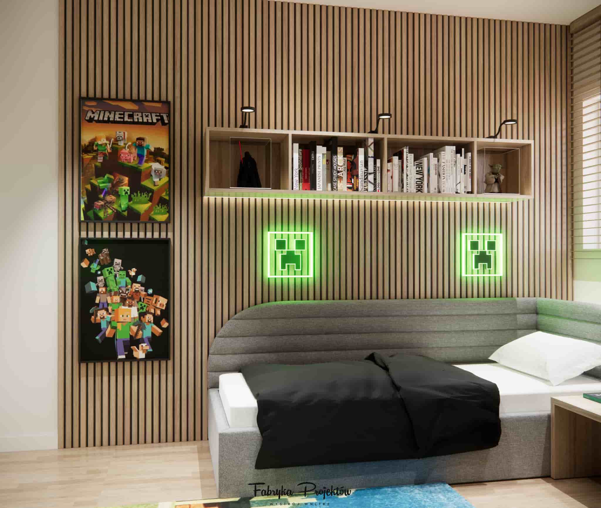 Wooden slats, a book shelf, and illuminated Creeper icons above the boy’s bed