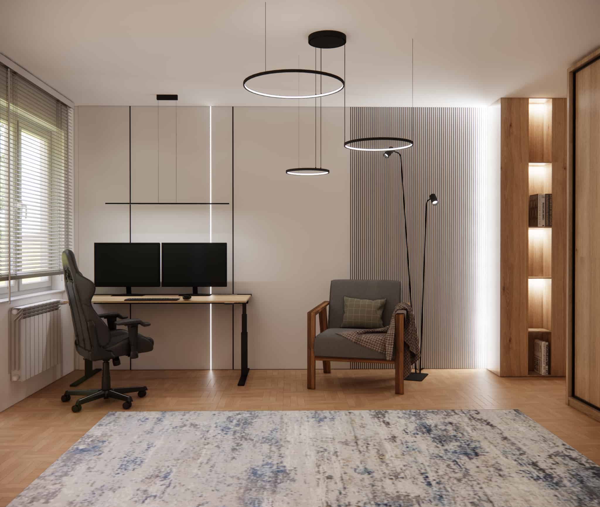 Home office zone in a 21m2 bedroom with a desk, dual monitors, and modern ring LED lights