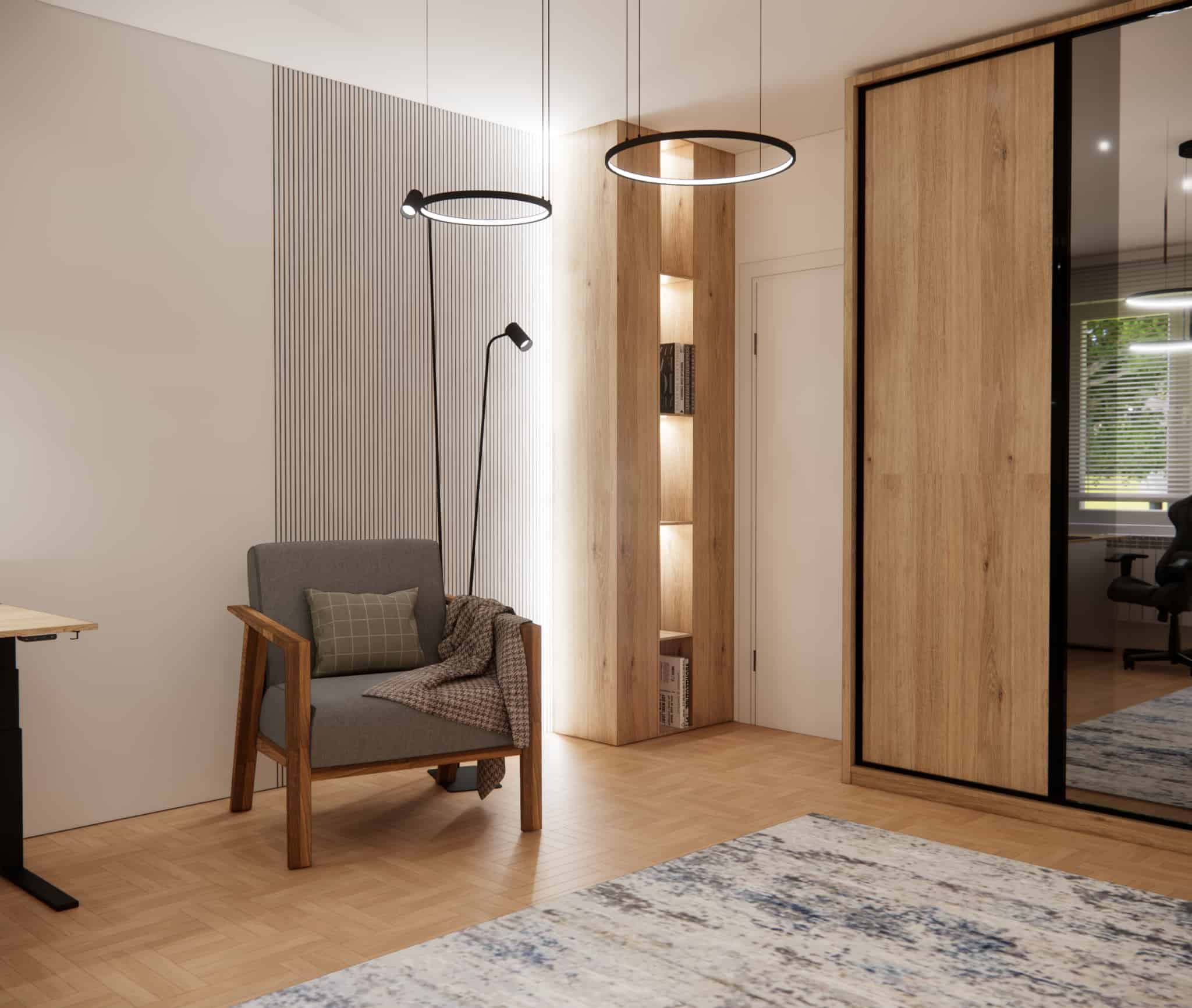 Relaxation corner in a bedroom with a wooden armchair, fluted panels, and illuminated built-in furniture