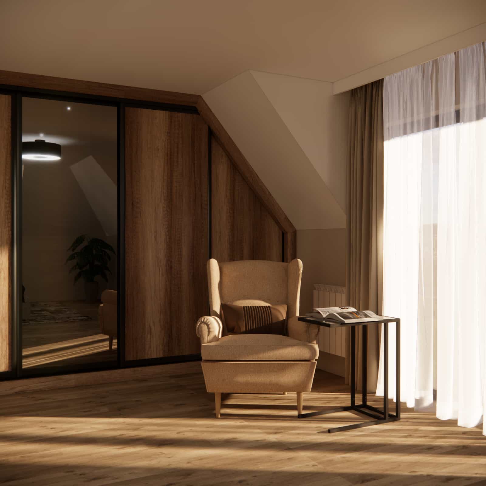 Relaxation corner with a soft armchair by a large window and a wooden sliding wardrobe in an attic bedroom