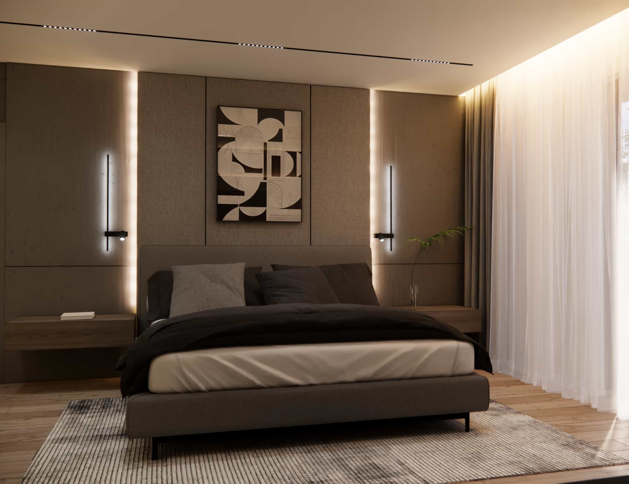 Centrally positioned bed with a soft headboard and floating bedside tables in a 19m2 bedroom