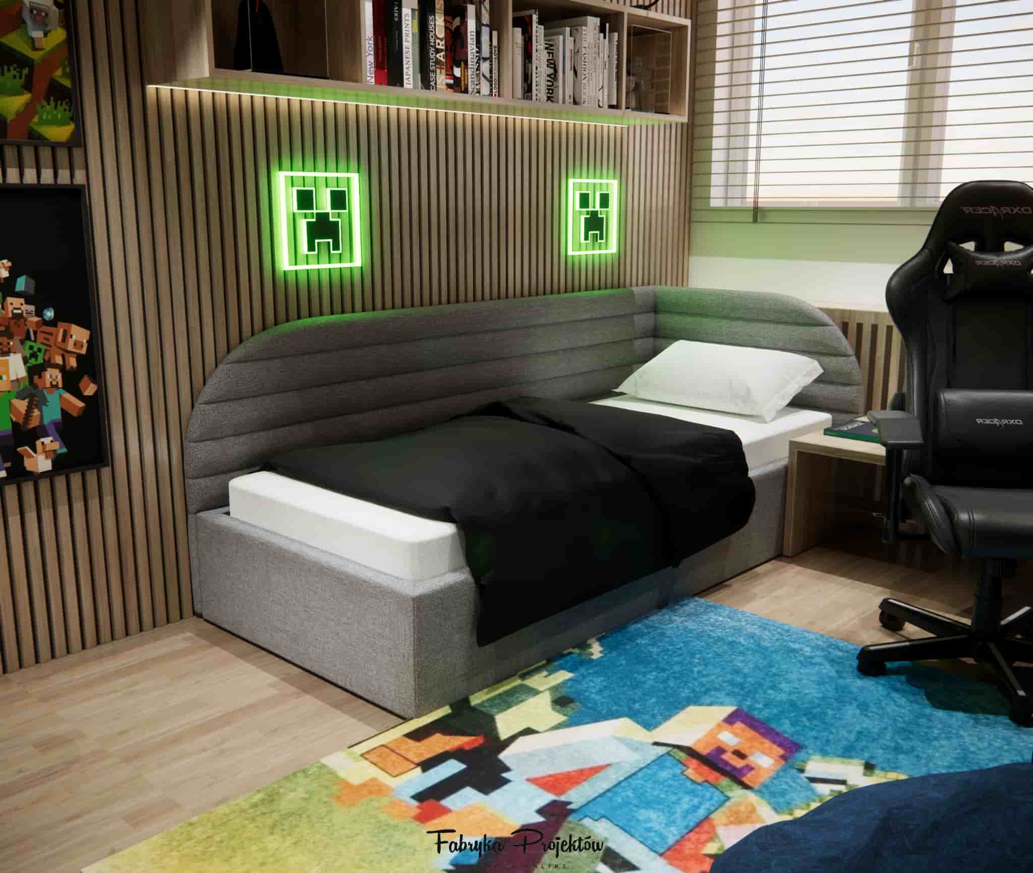 Bed with a Minecraft theme and a colorful pixel-style rug