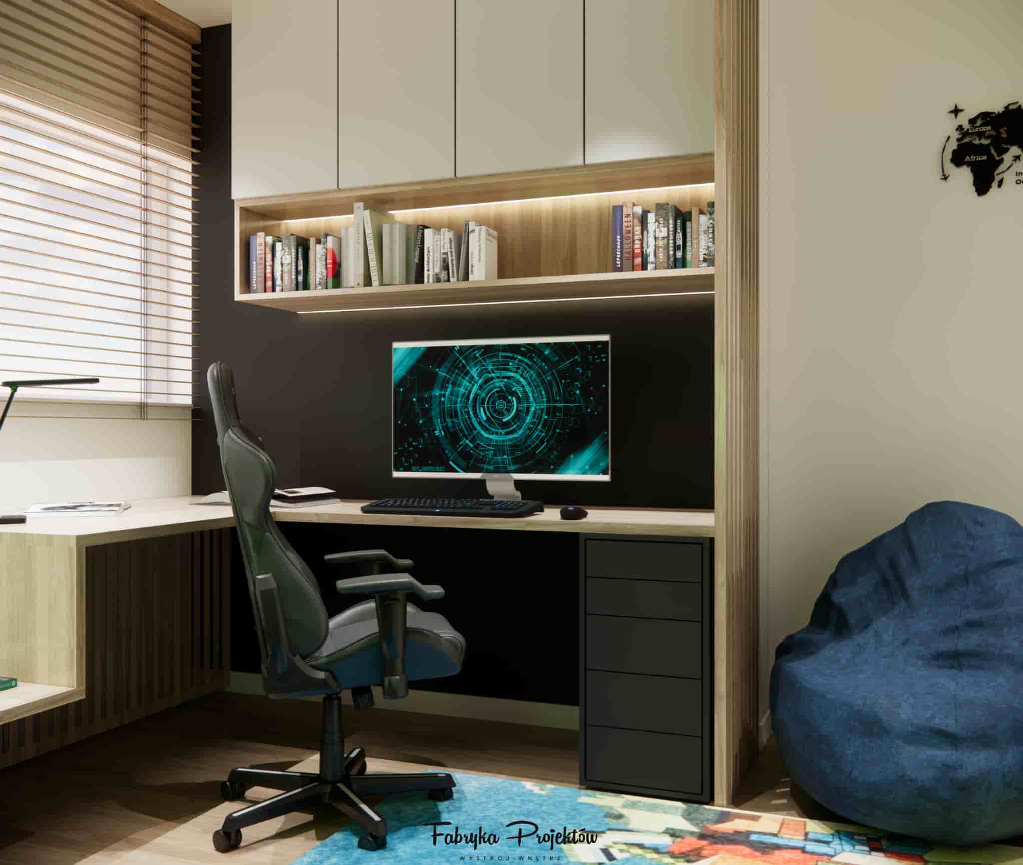 Desk in a boy’s room with a backlit shelf, computer setup, and matte black accent wall