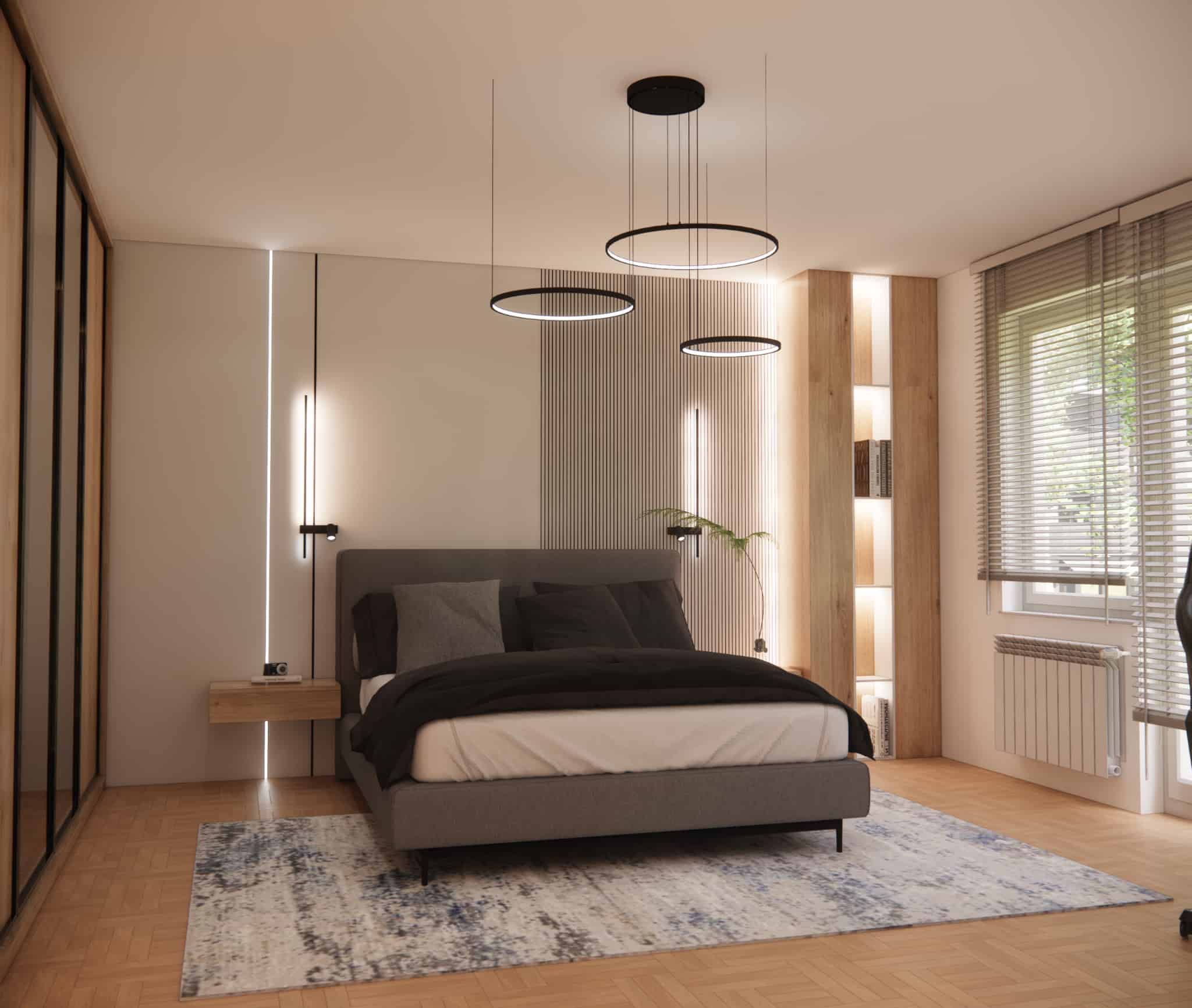 21m2 apartment bedroom with a large bed, rug, and wooden built-in furniture with illuminated niches