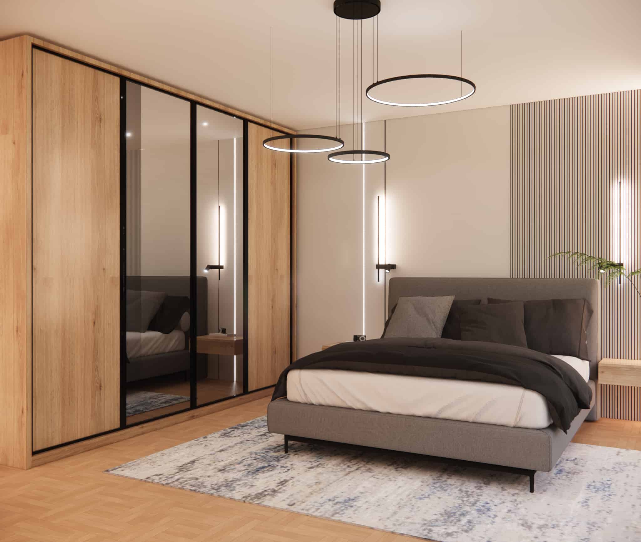 Bedroom with a large mirrored wardrobe, wooden fronts, and a bed against a minimalist MDF and LED wall