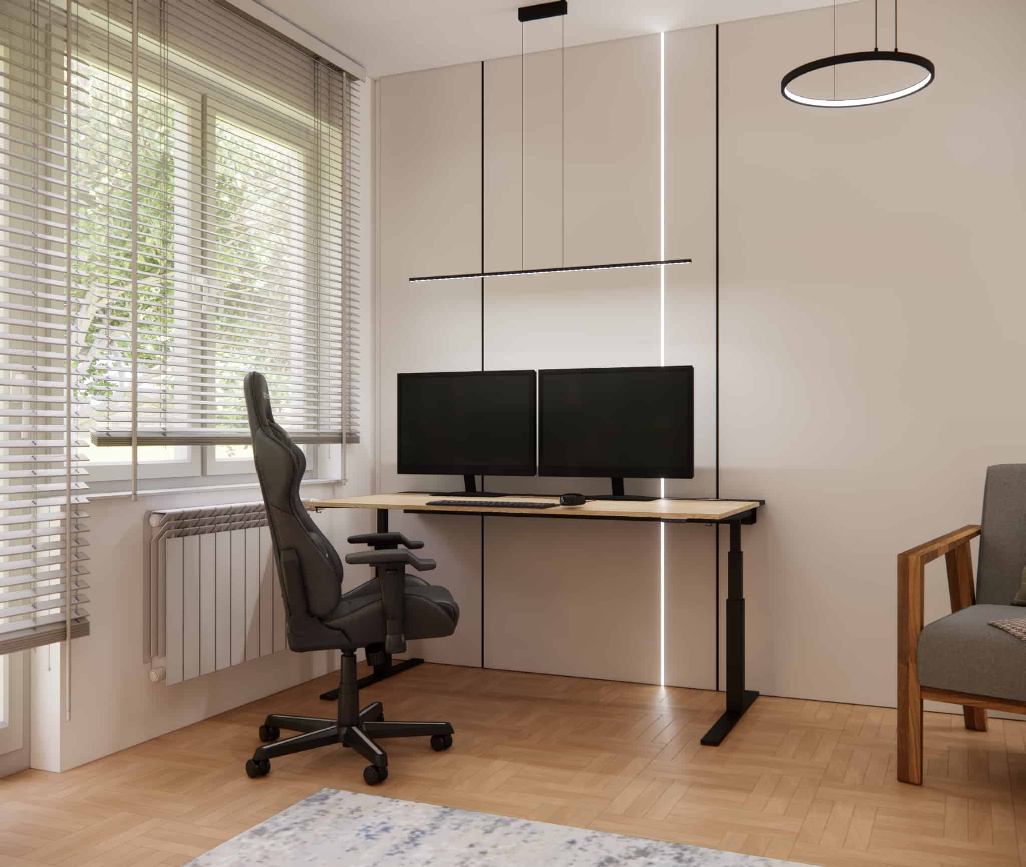 Minimalist workstation with a desk by the window, blinds, and linear LED lighting