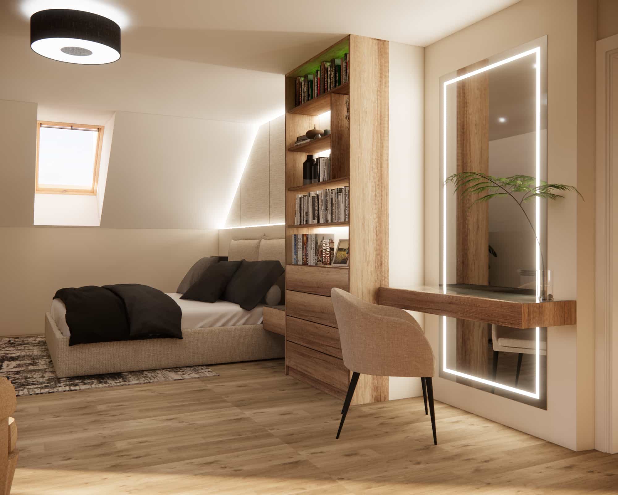Overall view of an attic bedroom with a bed, shelving unit, and vanity