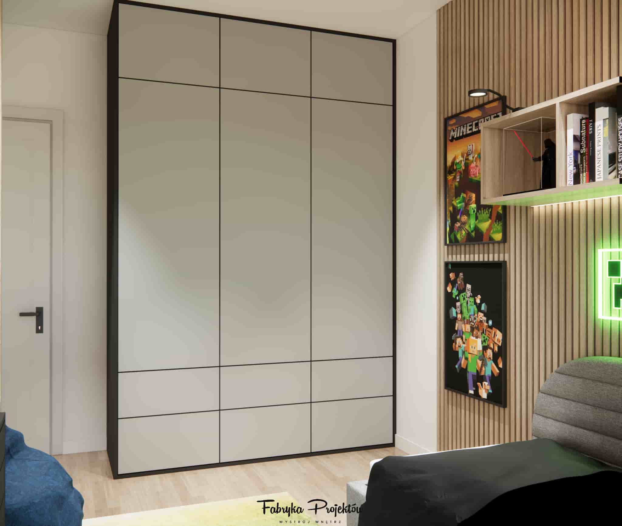 Tall modern wardrobe in a boy’s room with black accents and Minecraft posters