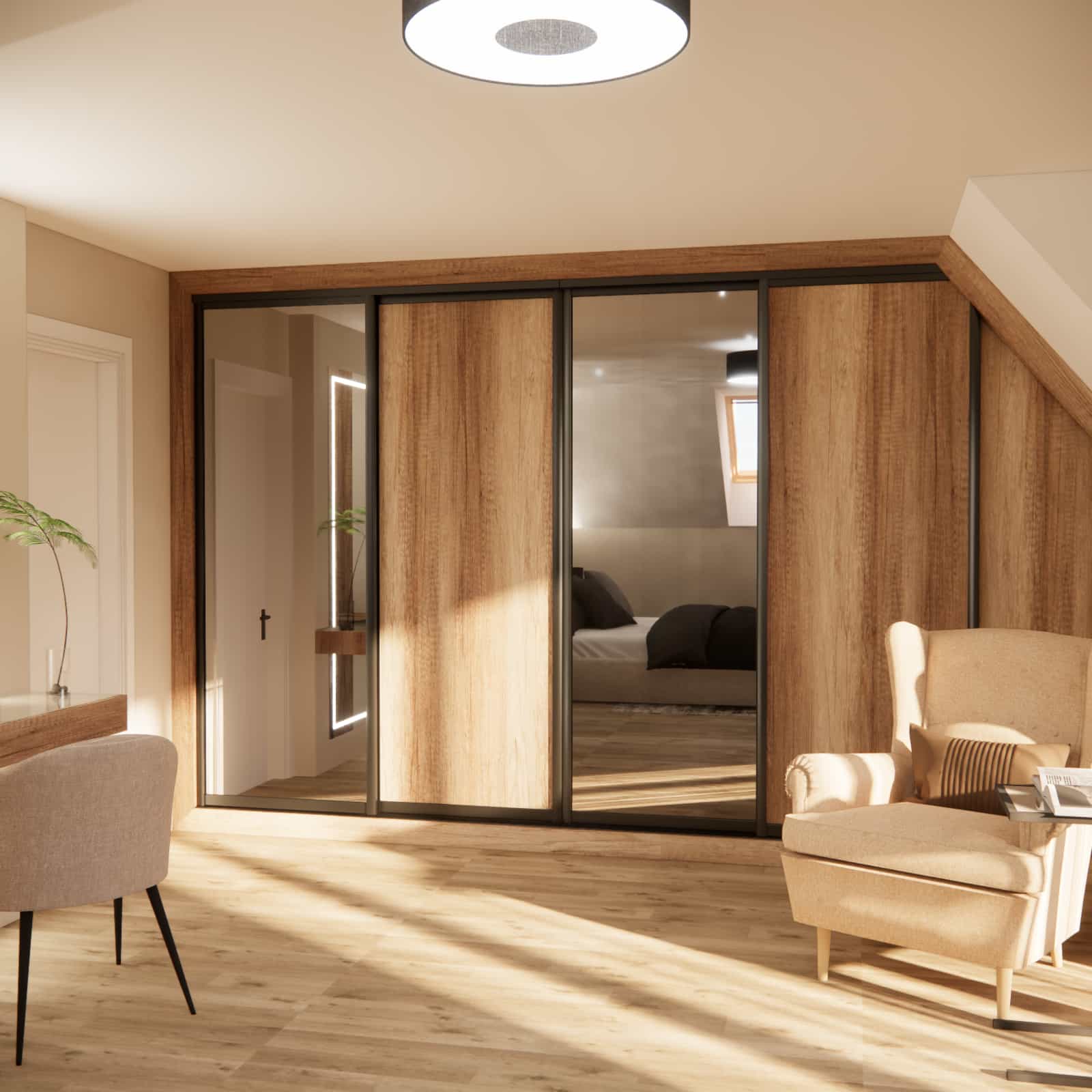 Wooden sliding wardrobe with mirrored fronts in an attic bedroom