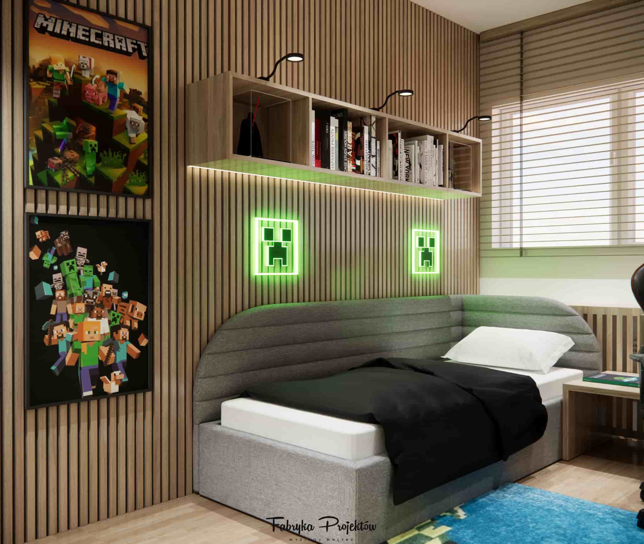 Modern boy’s room with wooden slats, an upholstered bed, and neon Minecraft Creeper icons