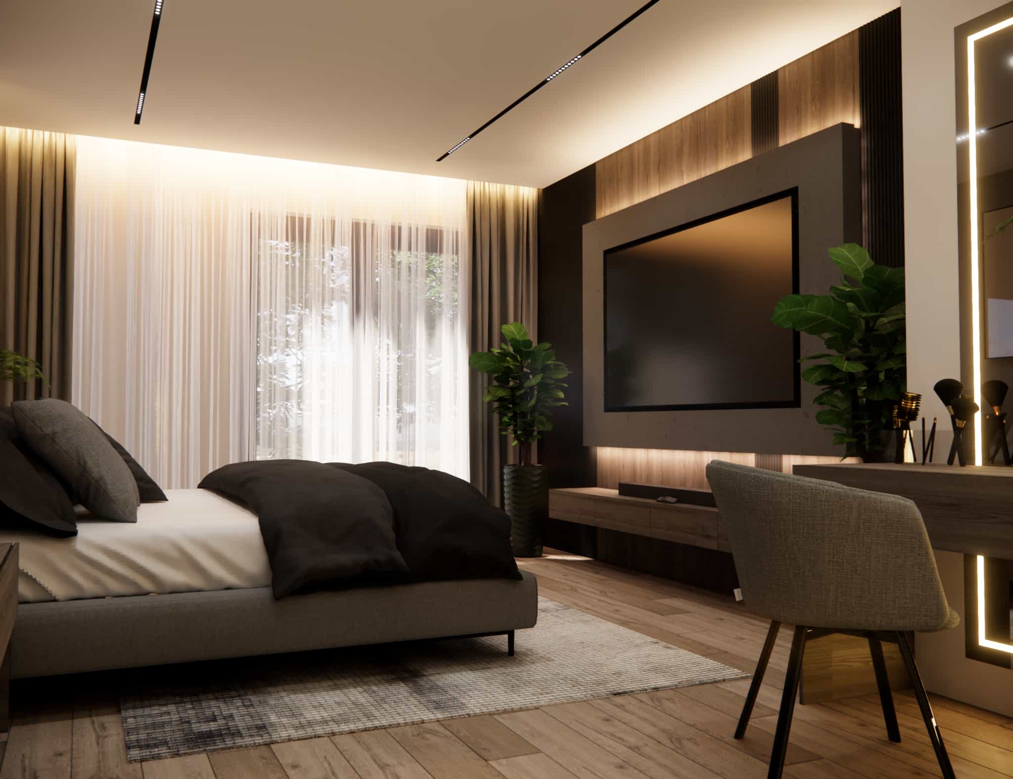 Elegant 19m2 bedroom in warm tones with a large bed and TV wall unit with LED lighting