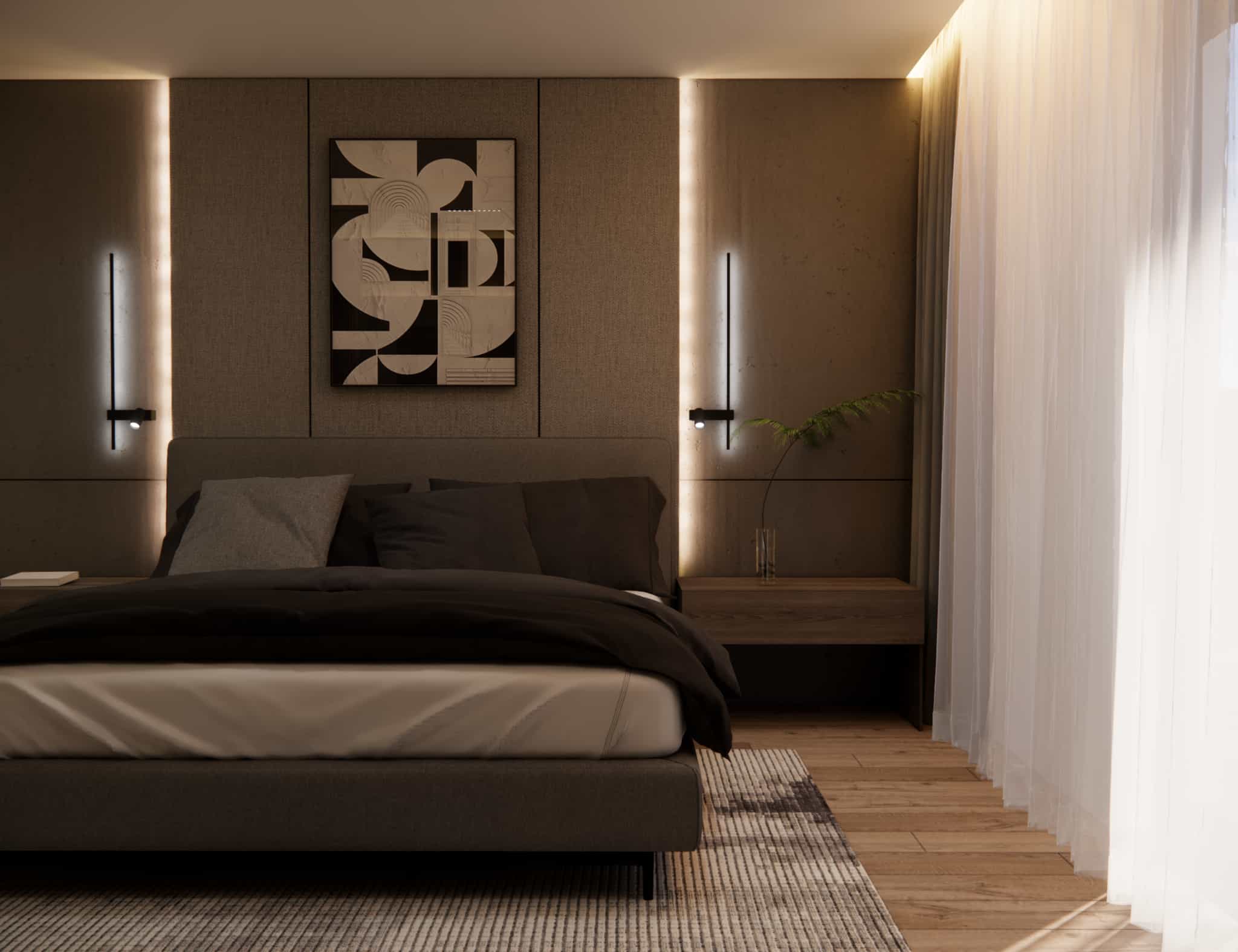 Modern bedroom with a concrete wall, textile wallpaper, LED lighting, and a bed with a soft headboard
