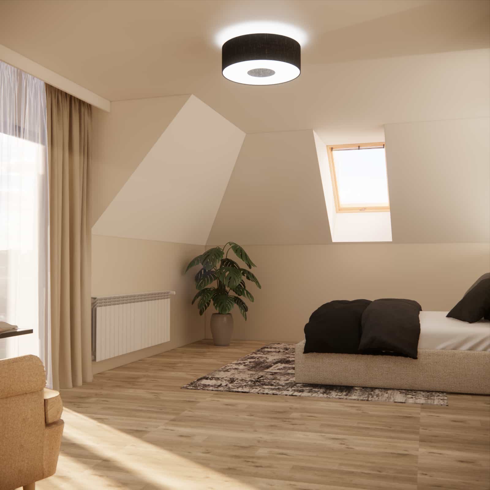 Attic bedroom with a large roof window, bed, and ceiling wall light in warm tones