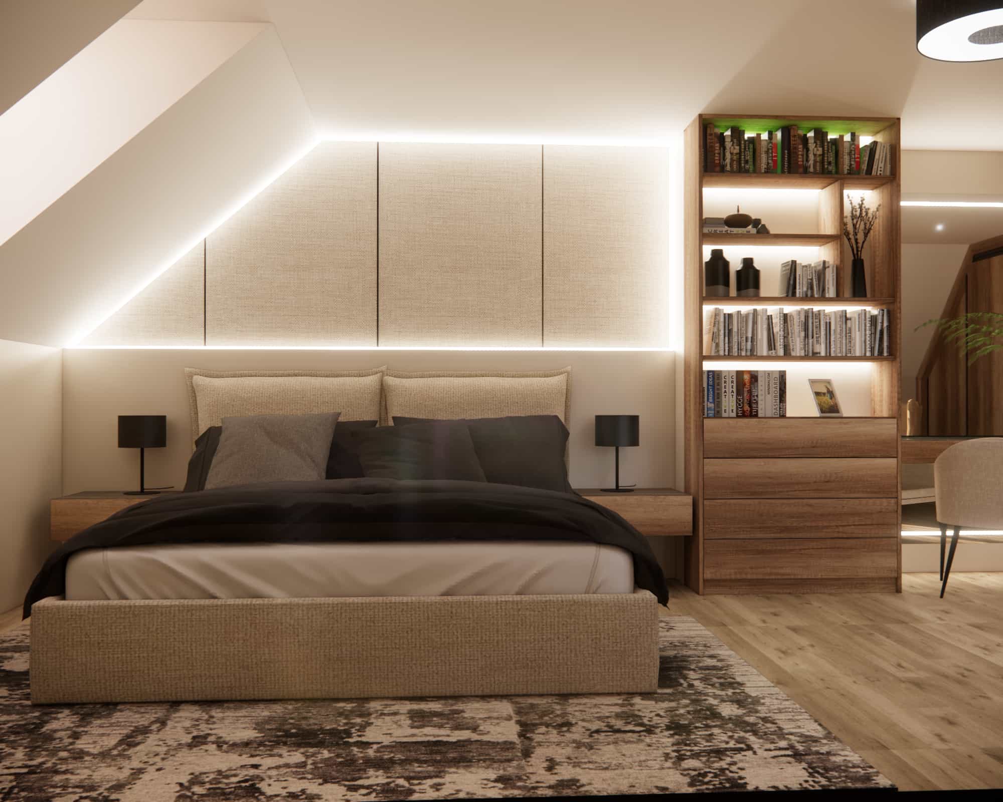 Upholstered bed with a paneled LED headboard and bookshelf in a warm attic bedroom design