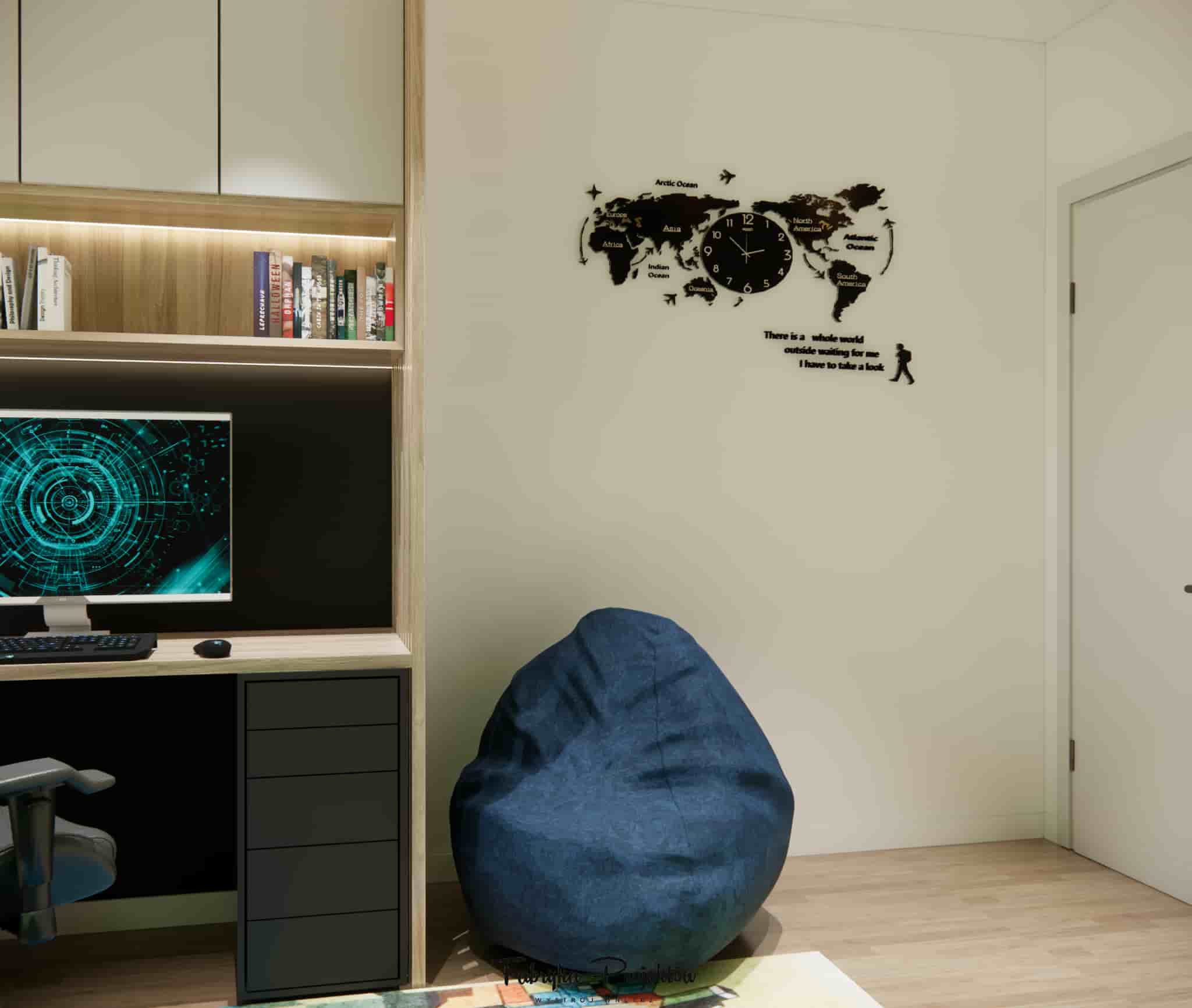 Relaxation corner in a child’s room with a blue pouf and a world map wall decoration