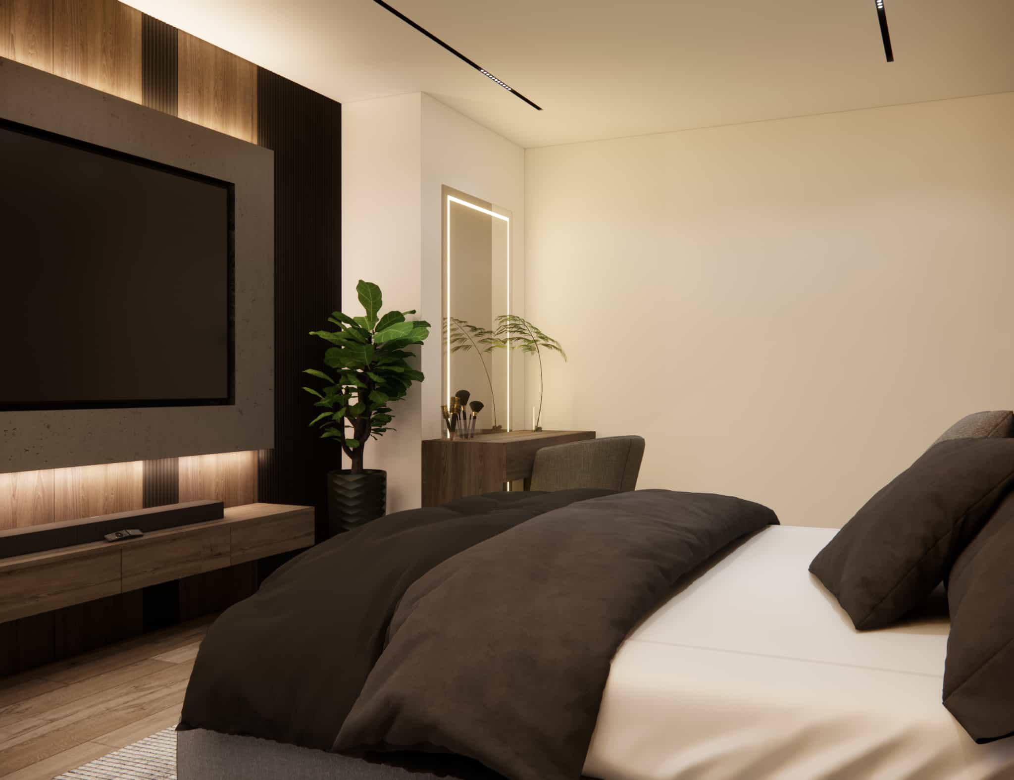 Modern 19m2 bedroom with a vanity, LED-backlit mirror, and a TV wall unit combining wood and concrete