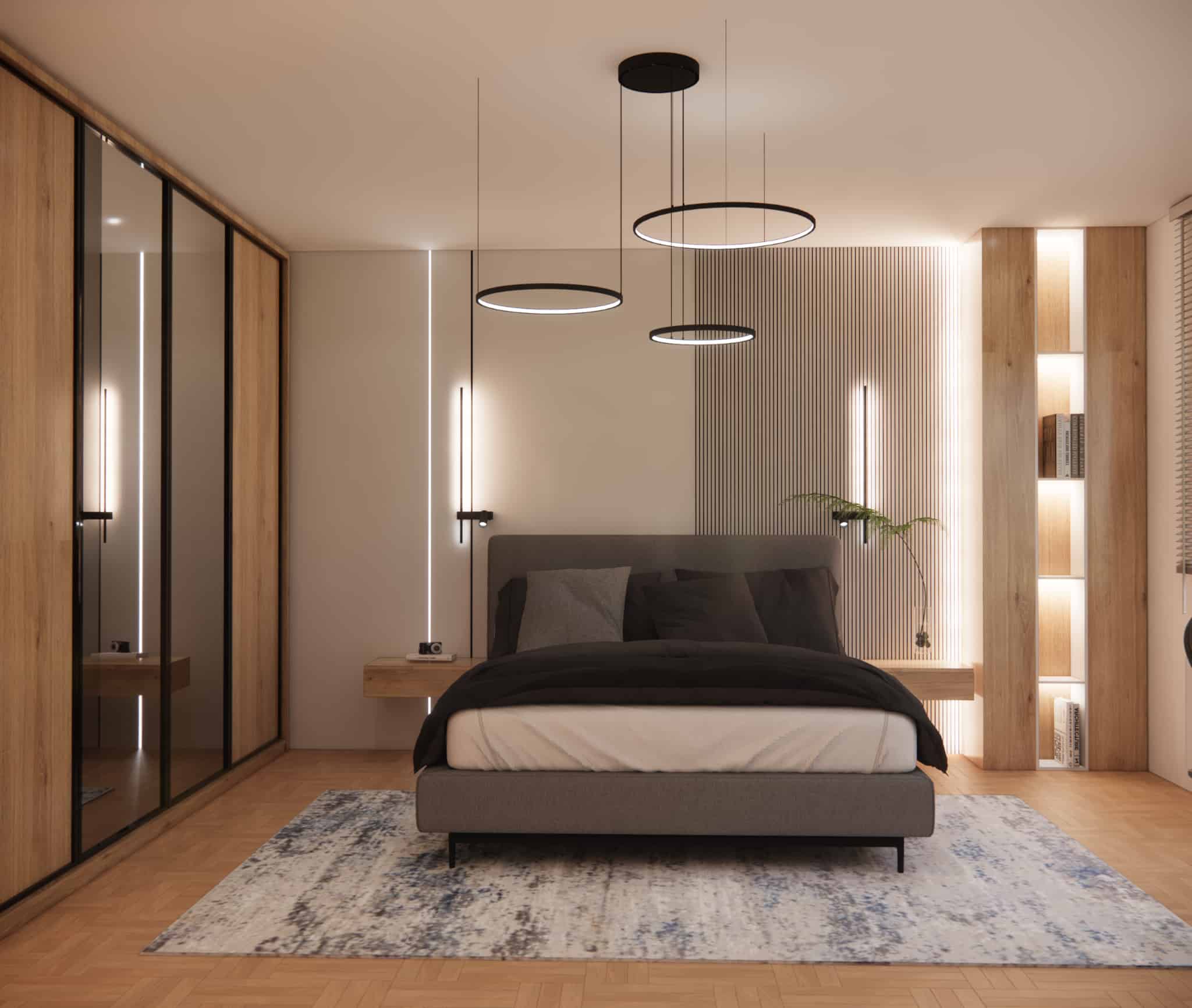Modern 21m2 bedroom with an upholstered bed, fluted panels, and LED lighting behind the headboard