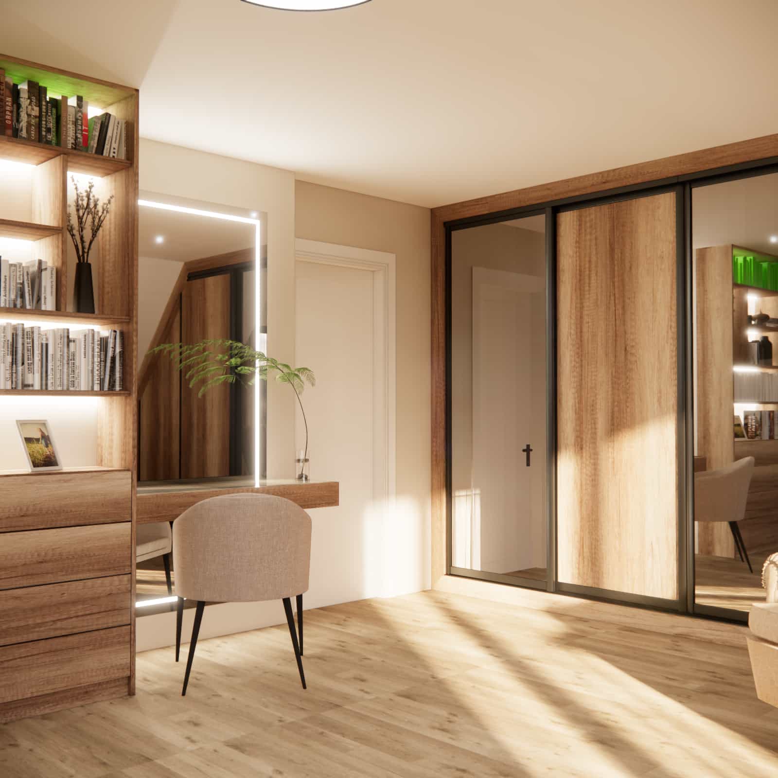 View of a vanity with an LED mirror and a wooden sliding wardrobe in an attic bedroom