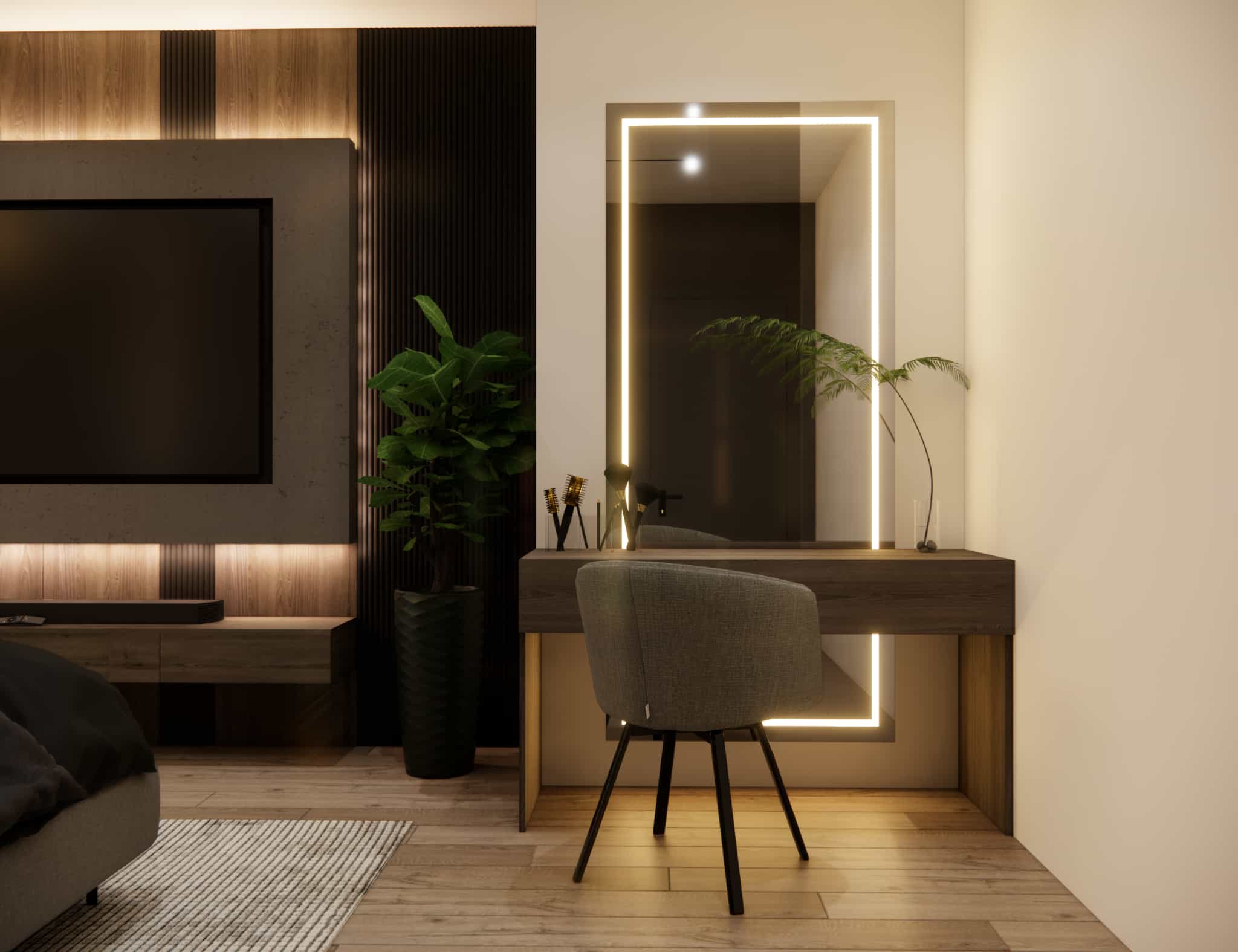 Vanity with a large LED mirror, wooden countertop, and upholstered chair in an elegant bedroom